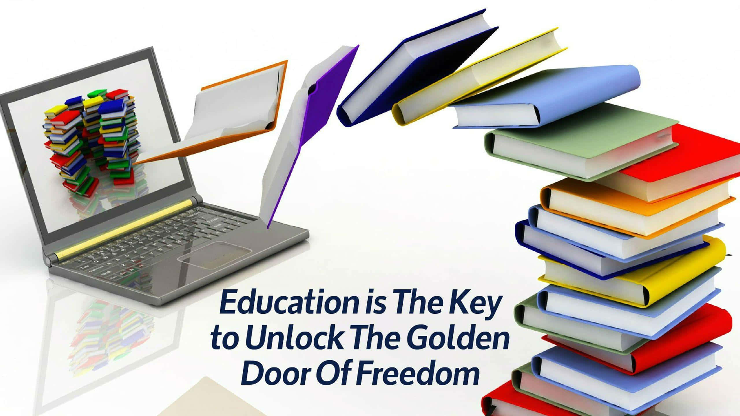 Door 桌布 壁紙 — 筆記型電腦顯示一個色彩繽紛的書塔，書籍從螢幕飛向一堆高大的鮮豔書籍。