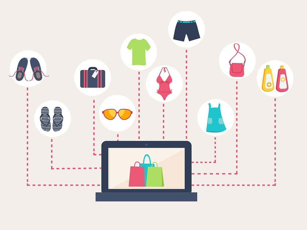 Shopping 桌布 壁紙 — 筆記型電腦顯示購物袋，並以虛線連接到衣服、鞋子和美容產品的圖示。