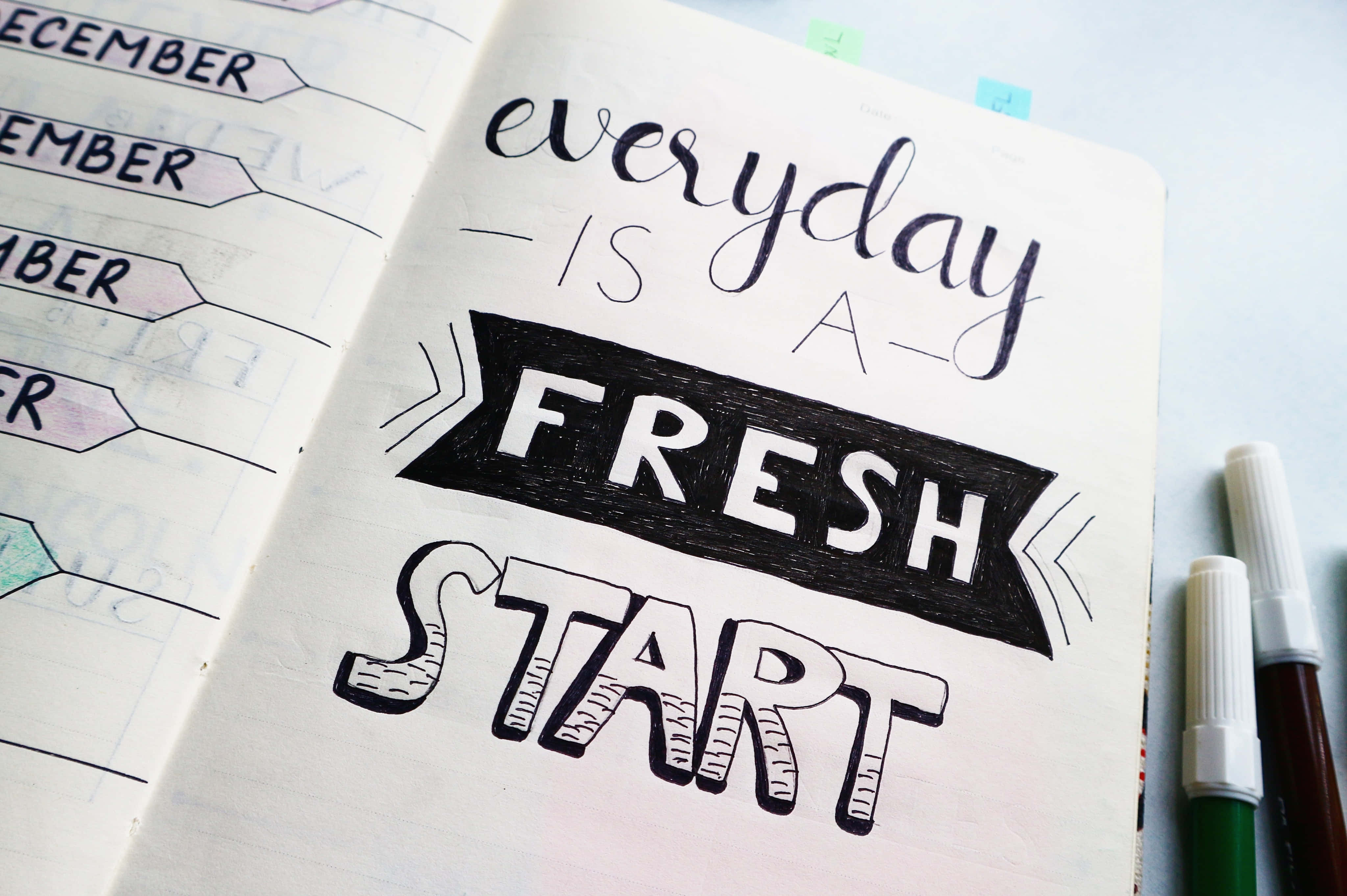 肯定語 桌布 壁紙 — 筆記本頁面的特寫，上面用粗黑墨水寫著「everyday is a fresh start」，周圍環繞著色彩繽紛的計劃標籤和記號筆。