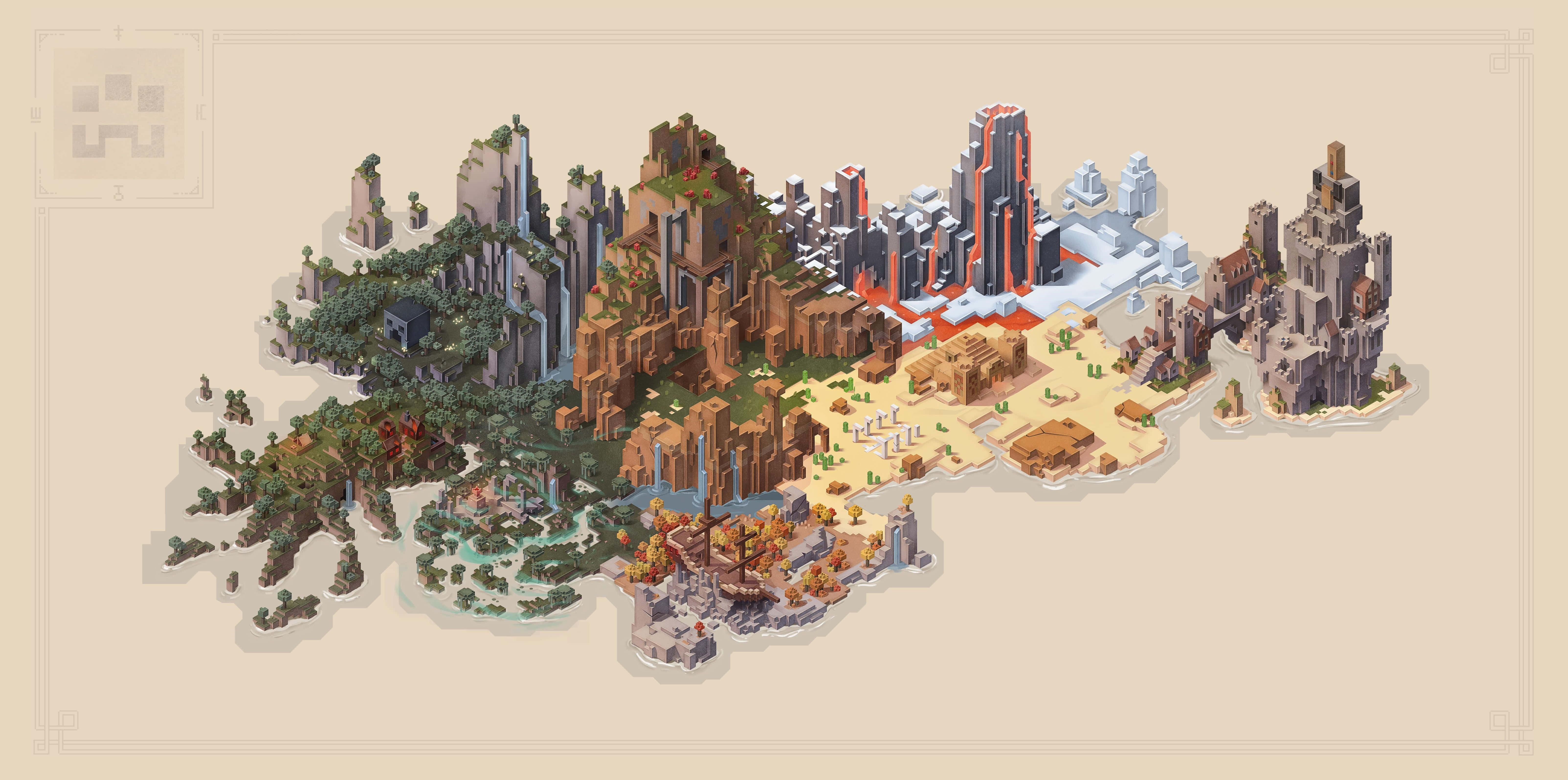 Minecraft Map 桌布 壁紙 — 等距像素藝術地圖，展示從茂密森林到未來城市景觀和沙漠遺跡的多樣生物群落。