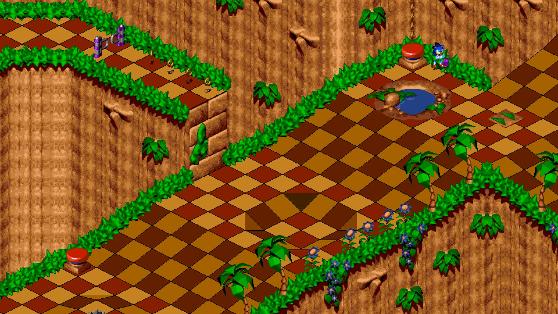Sonic 3d Blast 桌布 壁紙 — 等距像素藝術關卡，帶有格子棕色和紅色地板、綠色藤蔓、棕櫚樹和藍色水池。