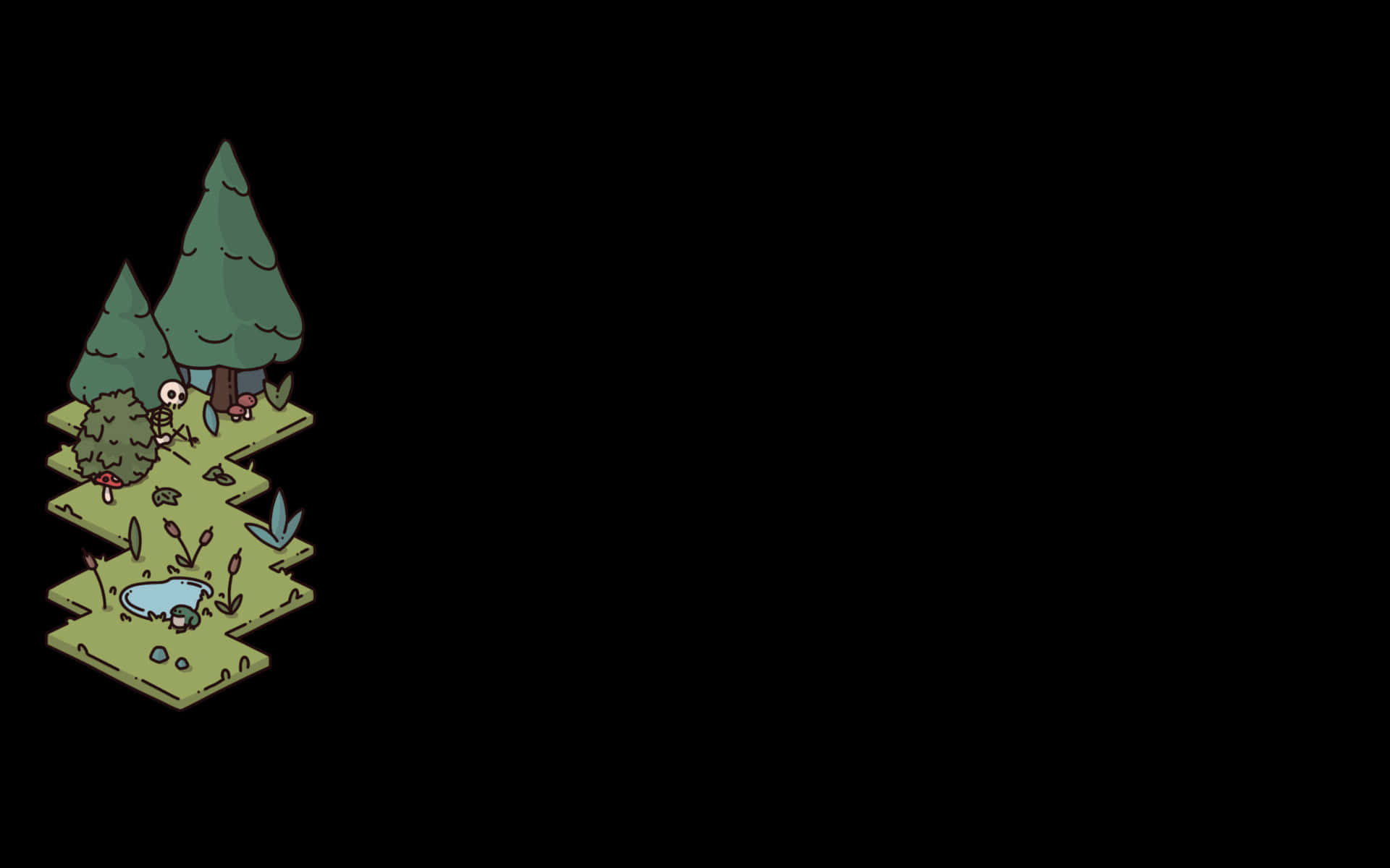 Minimalist Christmas Desktop 桌布 壁紙 — 等距卡通森林場景，有樹木、蘑菇和池塘，位於分層綠色平台上，背景為黑色。