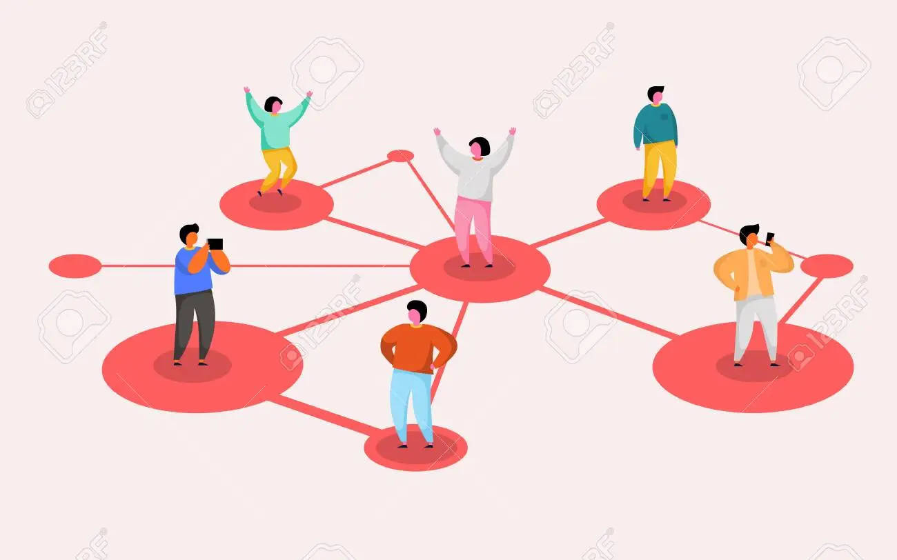 Teamwork 桌布 壁紙 — 等距插圖，六個人站在紅色圓圈上，由線條連接，在網路中慶祝或使用電話。