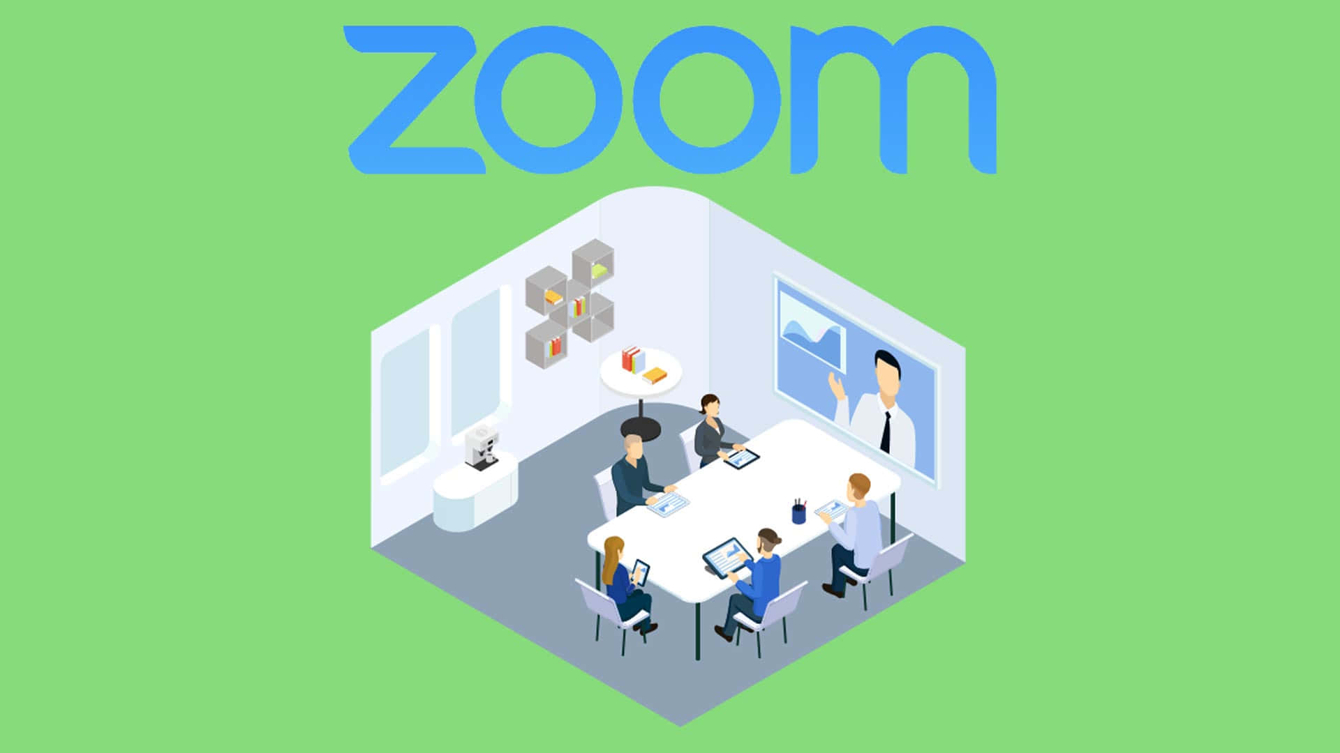 會議室內五人使用筆記型電腦和平板電腦進行Zoom通話。 — 放大 壁紙