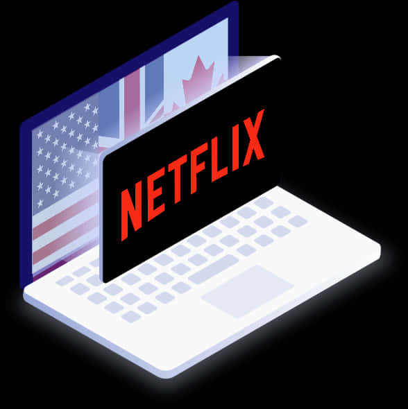 Netflix Logo 桌布 壁紙 — 等距筆記型電腦，螢幕上顯示Netflix標誌及美國、英國和加拿大國旗，背景為黑色。