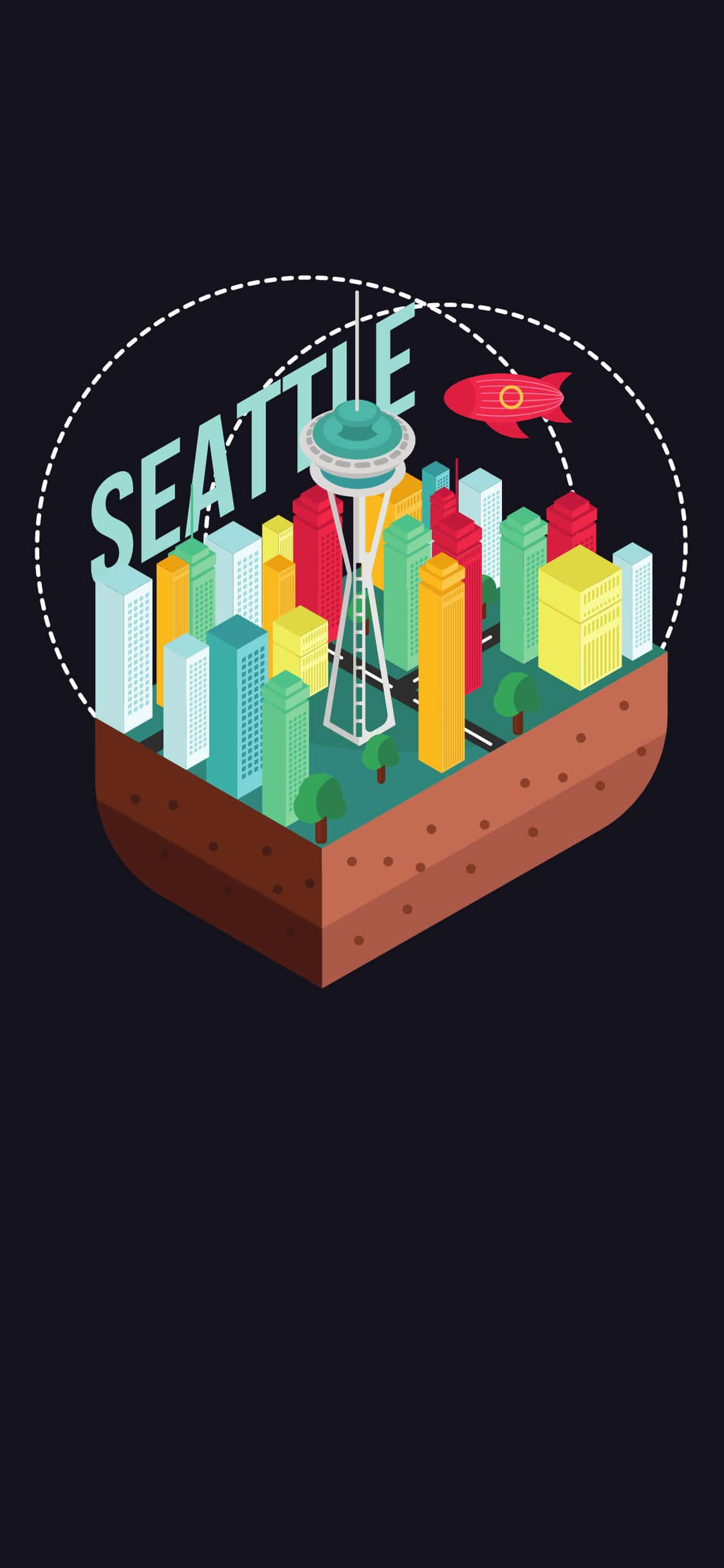 iPhone X Seattle 桌布 壁紙 — 等距西雅圖天際線，太空針塔和色彩繽紛的建築物漂浮在深色背景上的棕色平台上。