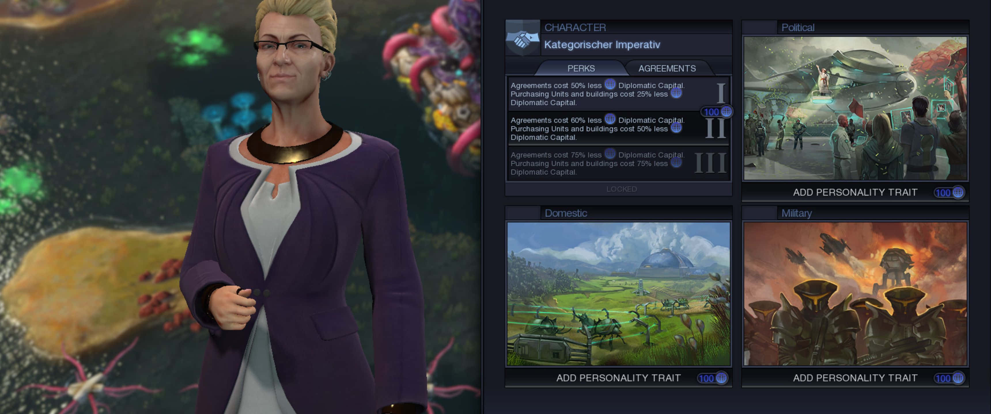 1440p Civilization Beyond Earth 桌布 壁紙 — 策略遊戲中的角色創建畫面，顯示一名戴眼鏡、身穿紫色外套的女性，以及政治和軍事特質選項。