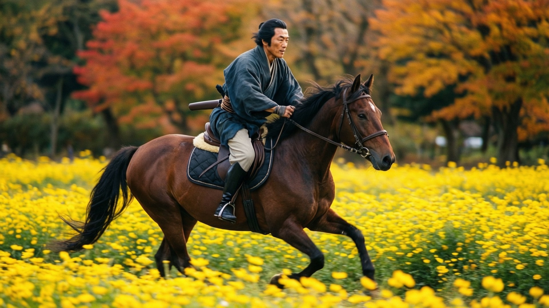 策馬穿花 壁紙 — 一位武士騎著棕色馬匹穿過秋樹下充滿活力的黃色花田。