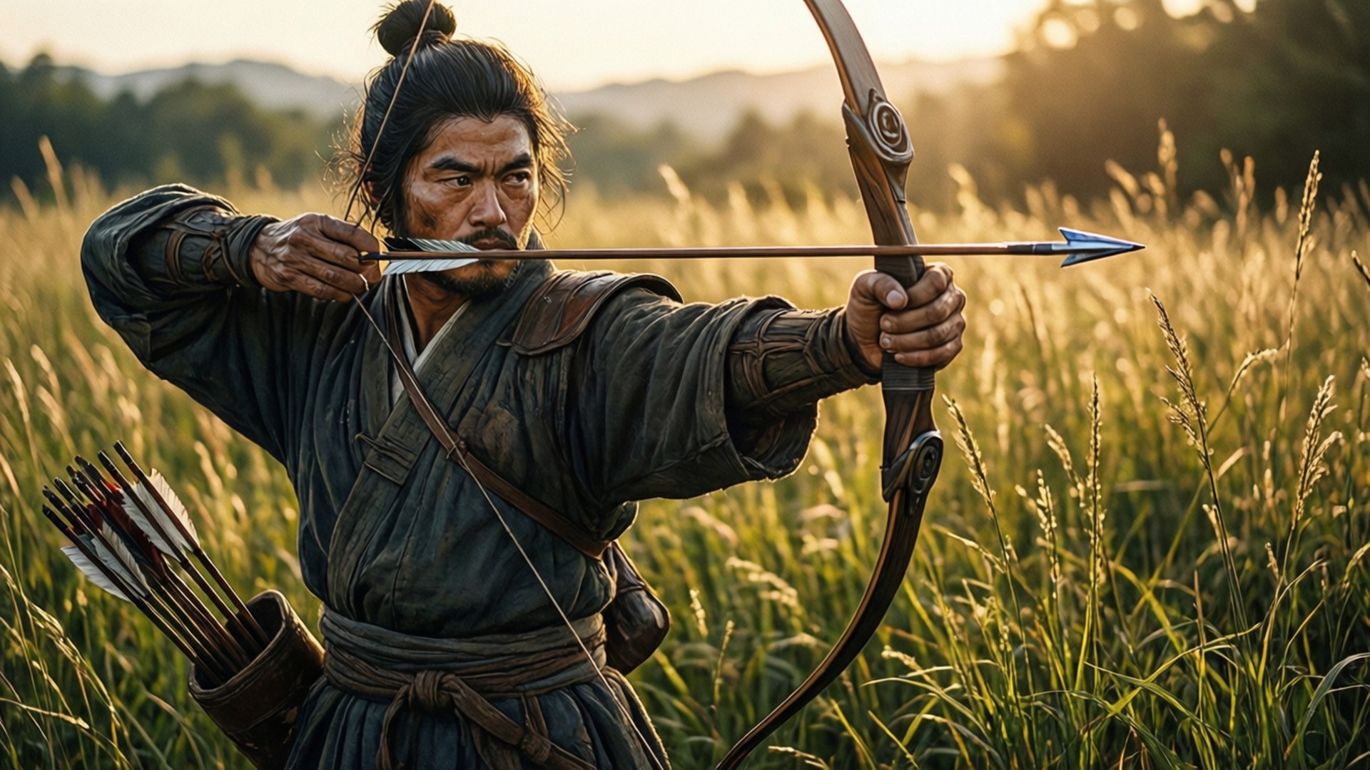 箭手的專注 壁紙 — 一位專注的武士弓箭手在陽光明媚的高草叢中，於黃金時刻拉開他的弓。