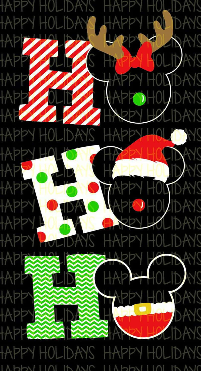 米奇 桌布 壁紙 — 節日「HO HO HO」字母，帶有聖誕主題米奇老鼠頭像，黑色背景上重複節日文字。