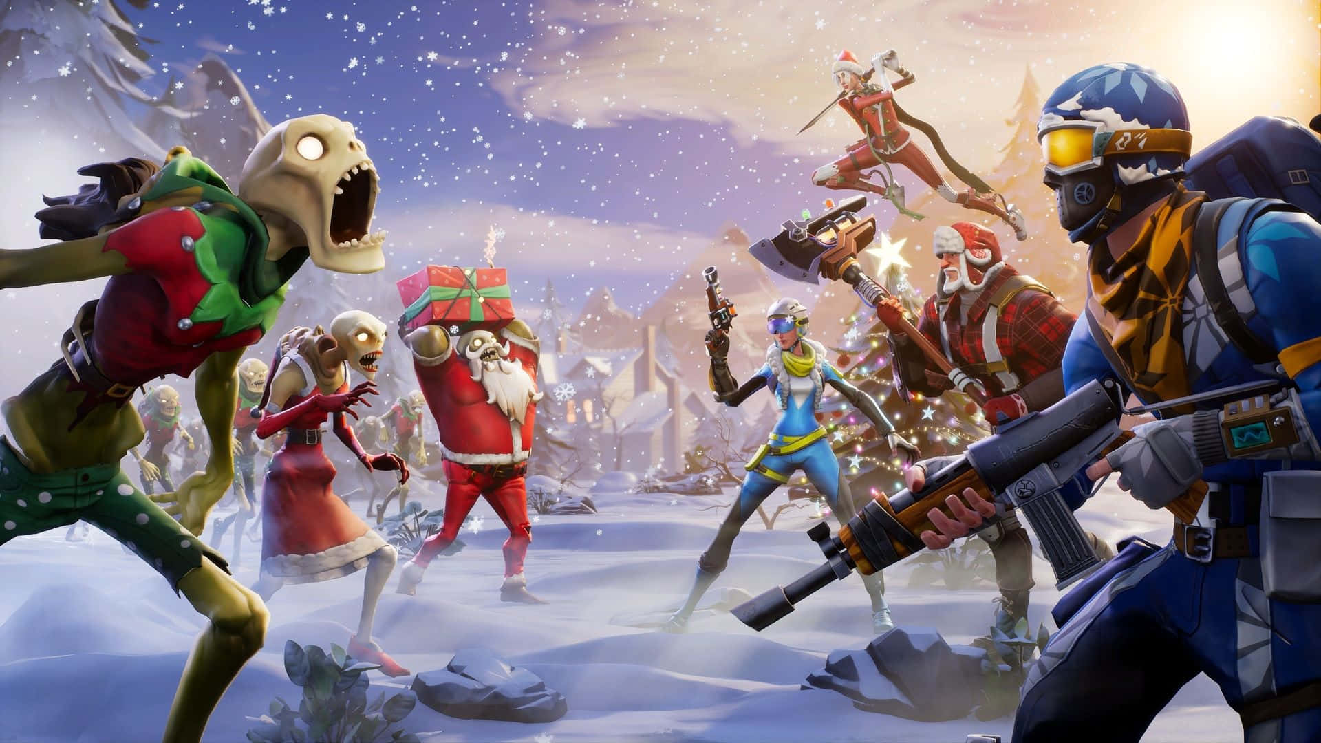 Fortnite Pc 桌布 壁紙 — 節日主題的 Fortnite 角色在星空下的雪村中與殭屍般的敵人戰鬥。