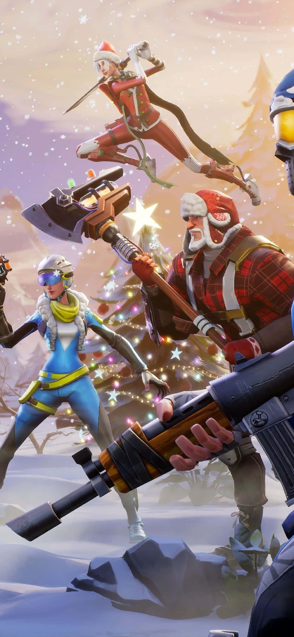 Fortnite iPhone 桌布 壁紙 — 節日主題遊戲角色穿著節日裝備，在雪景中戰鬥，周圍有發光的燈光和飄落的雪花。