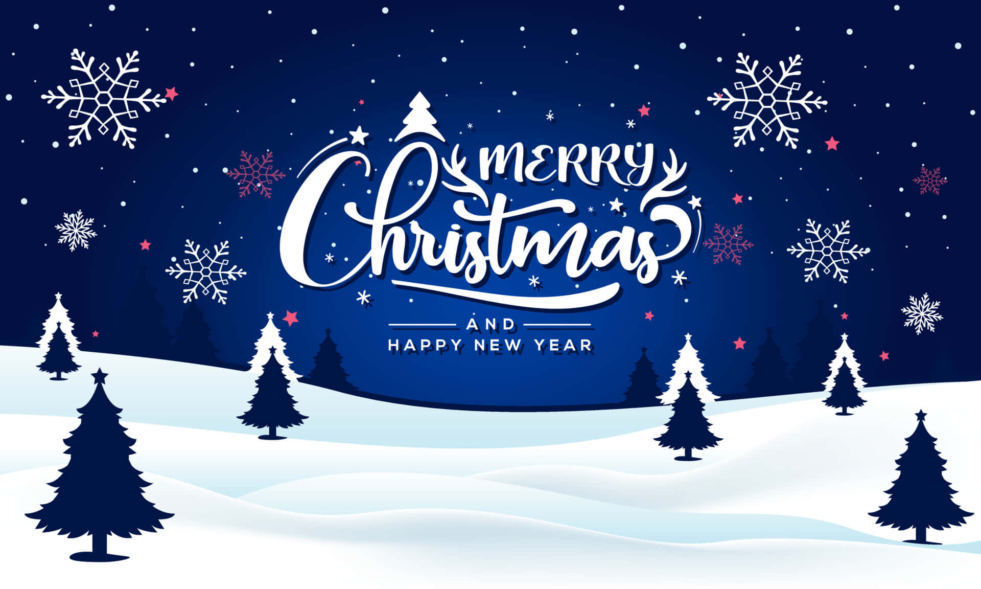 Christmas Eve 桌布 壁紙 — 節日冬季場景，雪覆蓋的松樹在星空下，點綴著雪花和「聖誕快樂及新年快樂」文字。