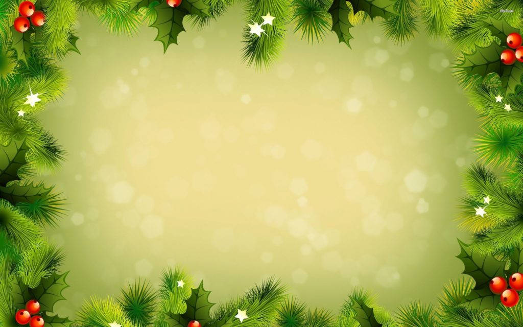 聖誕快樂 桌布 壁紙 — 節日冬青葉和紅莓邊框環繞著柔和發光的背景，點綴著散落的白色星星。