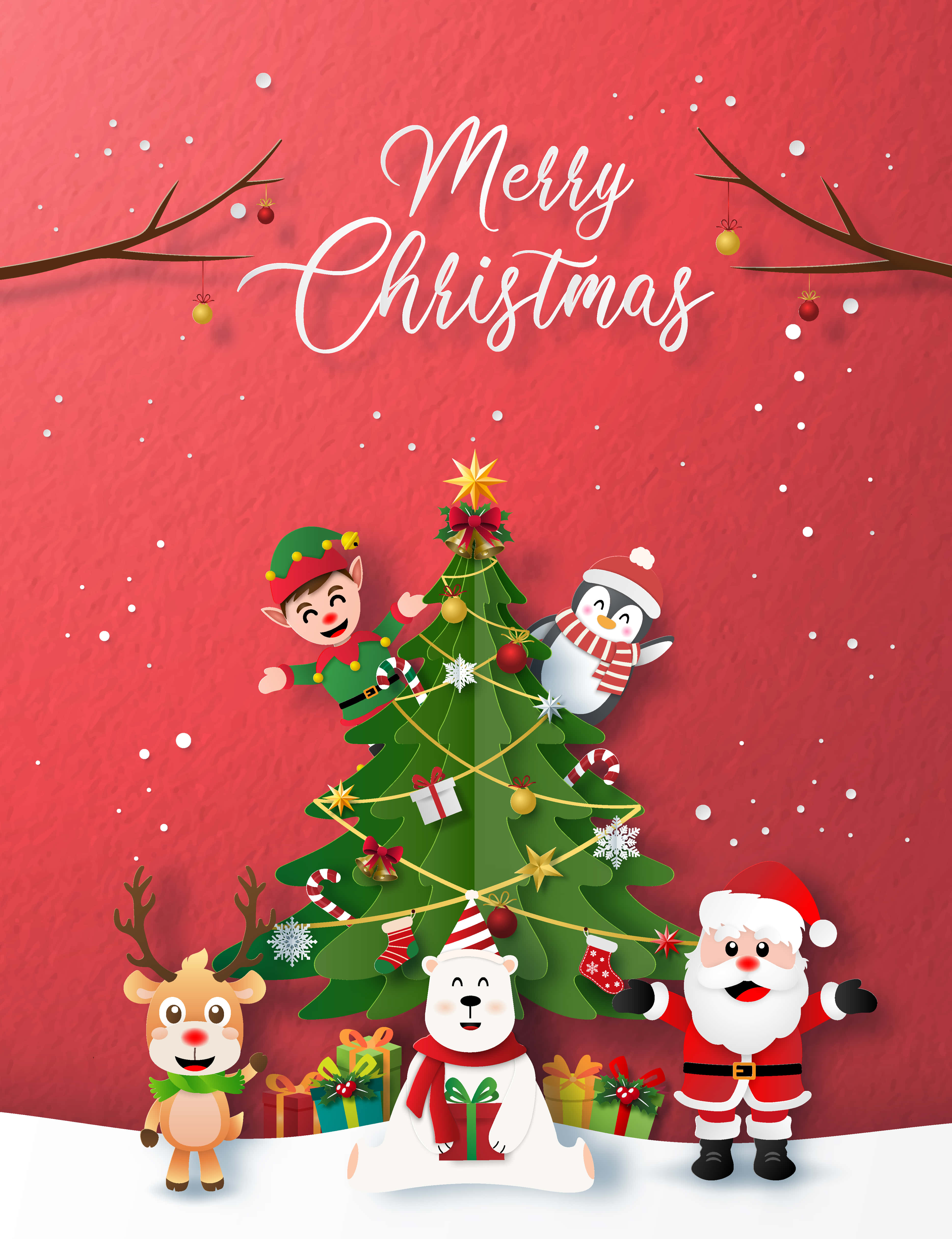 Christmas Card 桌布 壁紙 — 節日卡通人物，包括聖誕老人、企鵝和精靈，聚集在裝飾好的聖誕樹周圍，背景是紅色雪景。