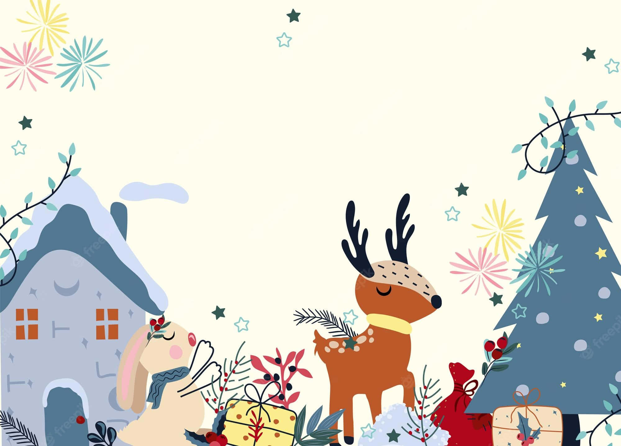 Funny Holiday Desktop 桌布 壁紙 — 節日卡通插圖，展示馴鹿和兔子在雪屋和裝飾樹附近，配有彩色煙火和星星。