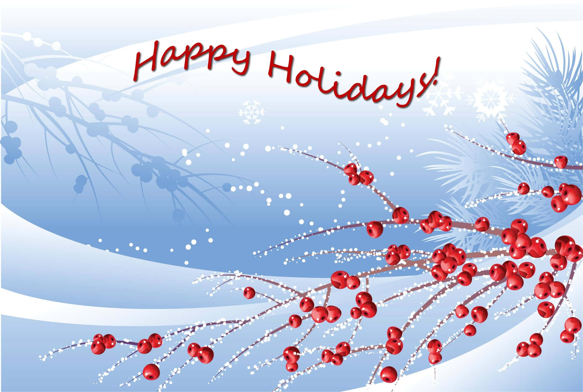 Happy Holidays 桌布 壁紙 — 節日問候，冰枝上掛著紅莓，襯以柔和藍色漸變背景。