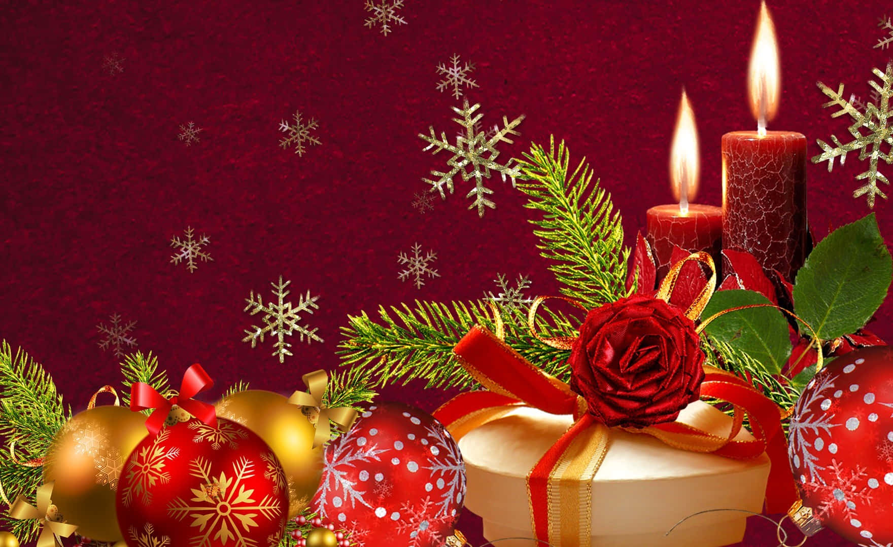 Red Aesthetic Christmas 桌布 壁紙 — 節日喜慶佈置，紅色蠟燭、綠色松樹枝和裝飾品，背景為深紅色雪花圖案。