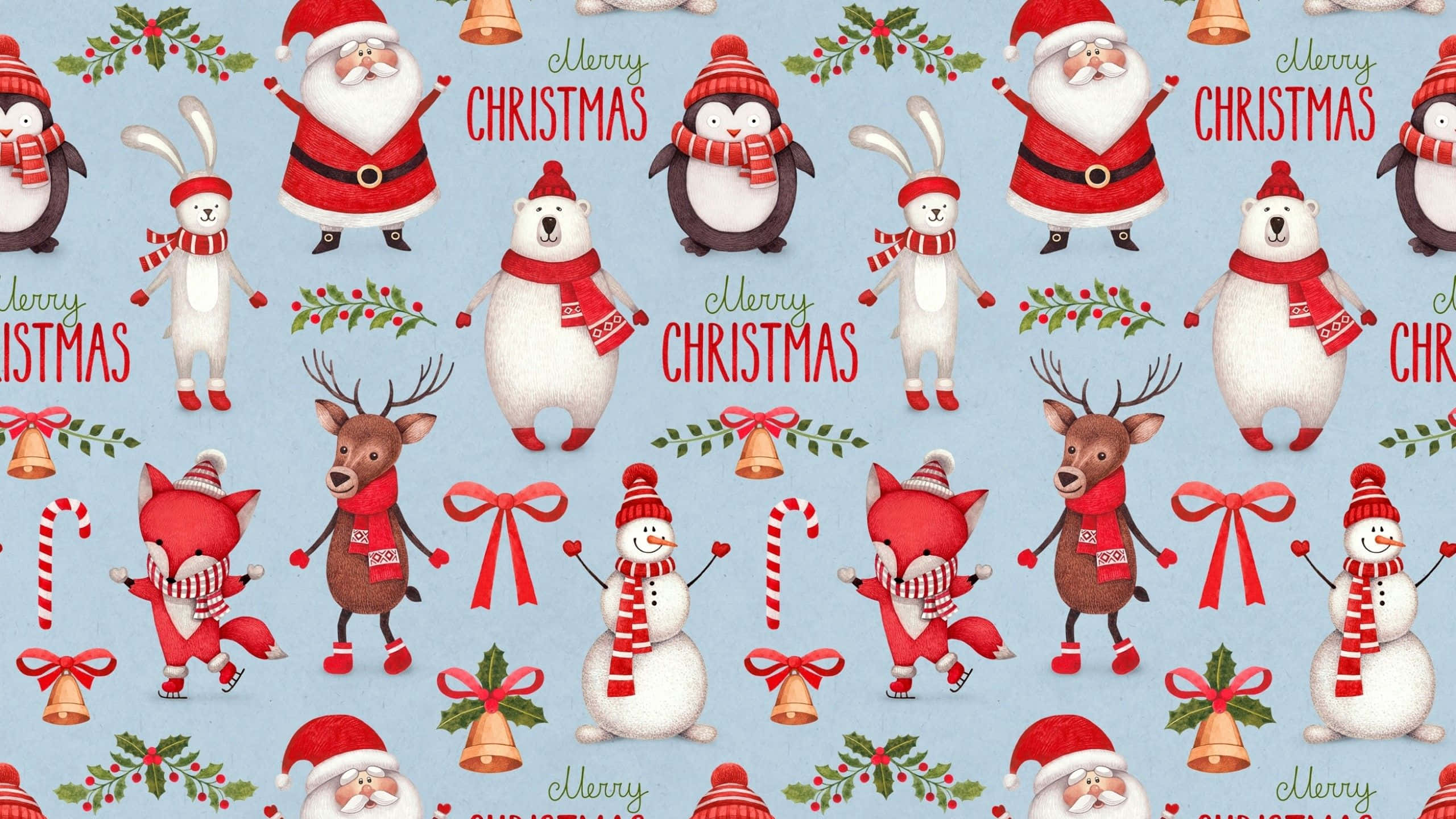 Santa 桌布 壁紙 — 節日圖案，卡通動物和聖誕老人戴著紅色圍巾，淺藍色背景上有冬青和拐杖糖。