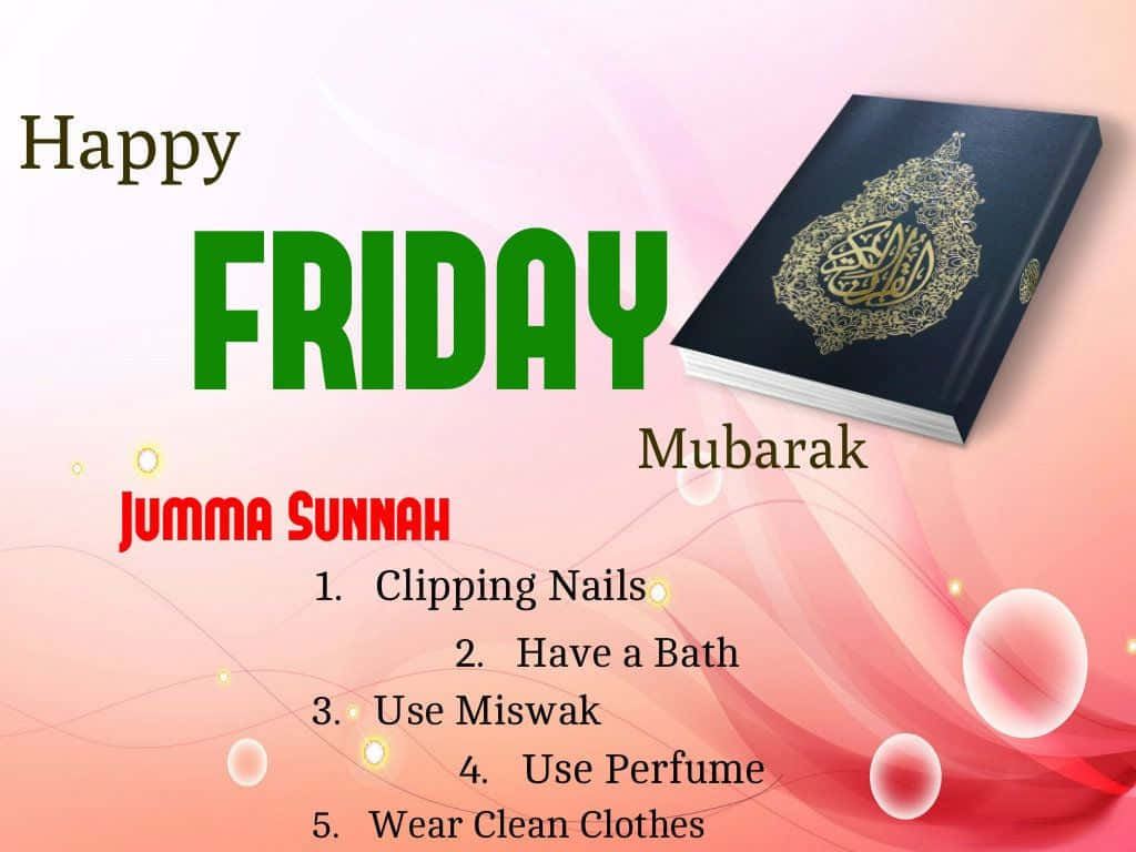 快樂星期五 桌布 壁紙 — 節日圖案，帶有可蘭經和「Happy Friday Mubarak」文字，背景為粉紅色漸變，並有浮動氣泡。