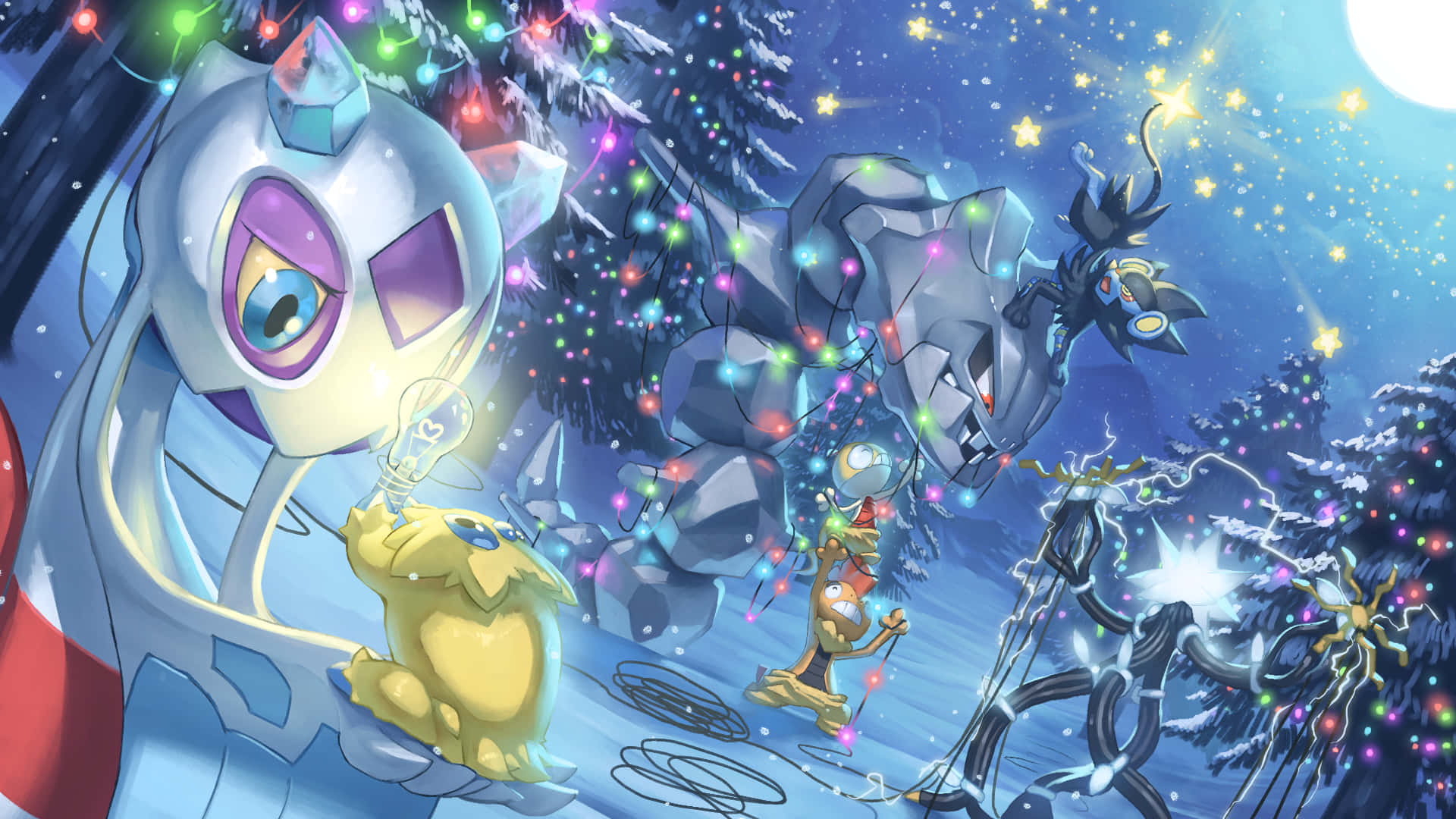 Pokemon Christmas 桌布 壁紙 — 節日寶可夢聚集在雪地森林中，森林點綴著發光的燈串，上方是星光閃爍的夜空。