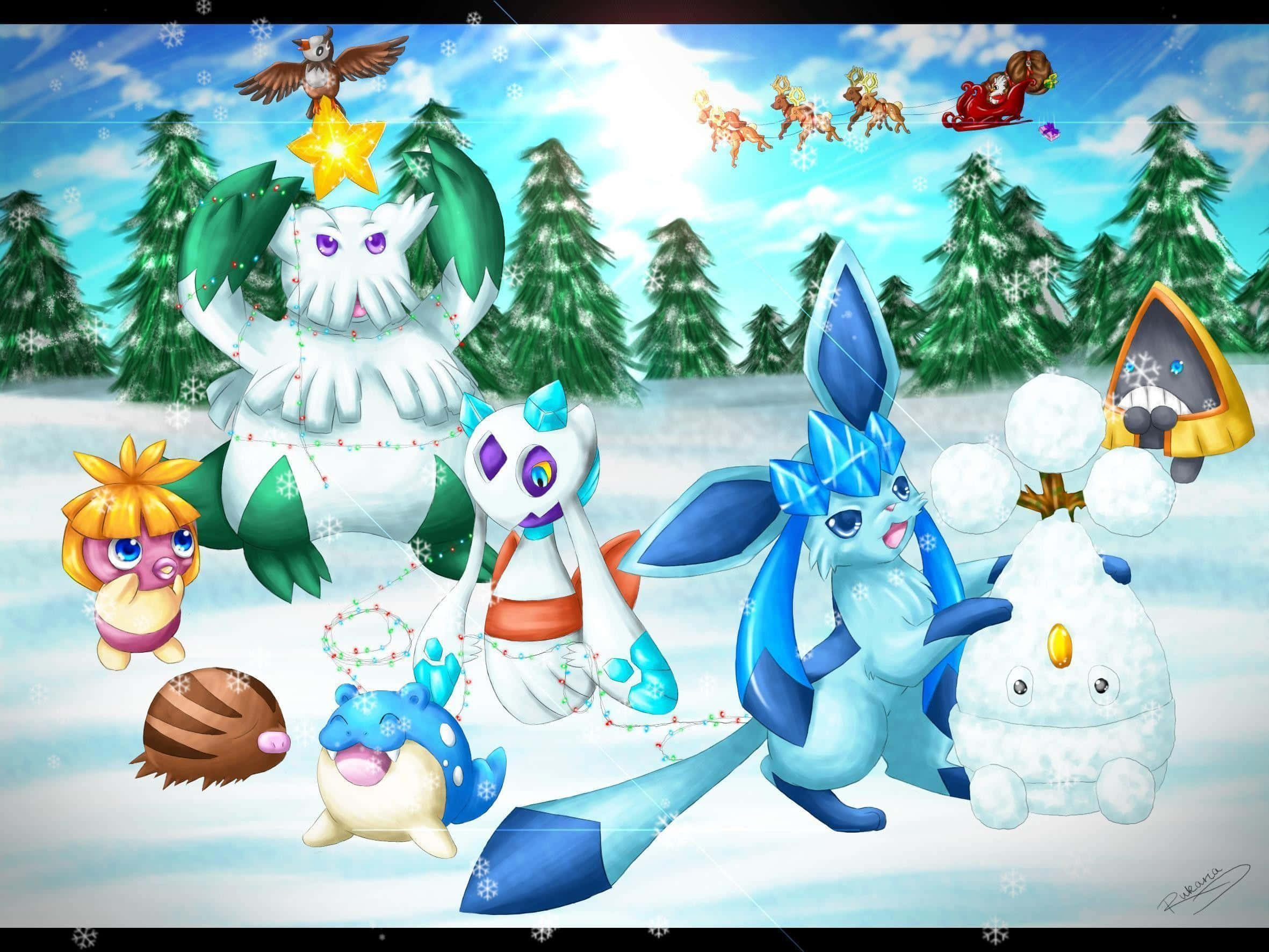 Pokemon Christmas 桌布 壁紙 — 節日寶可夢聚集在雪地森林中，聖誕老人的雪橇在明亮的藍天下飛過頭頂。