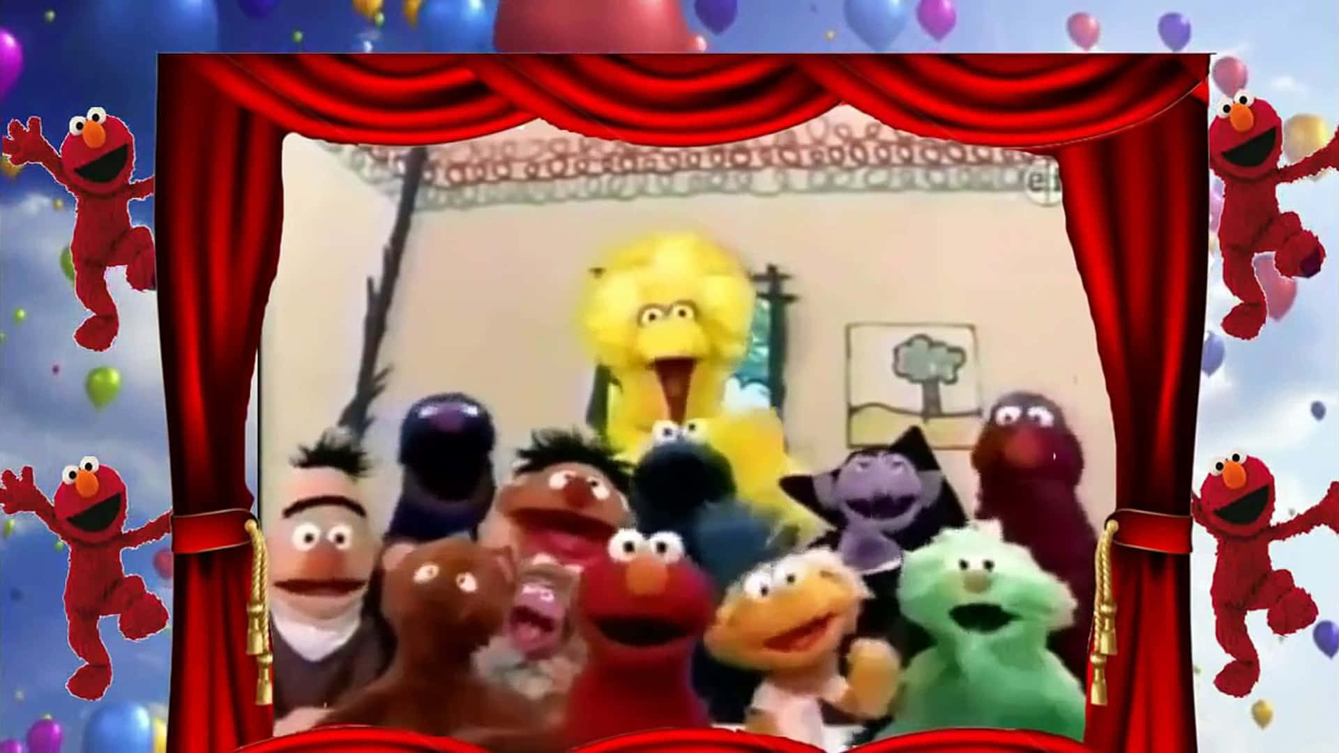 Elmo 桌布 壁紙 — 節日木偶表演，舞台上設有紅色窗簾和氣球，Big Bird 和 Elmo 角色登場。