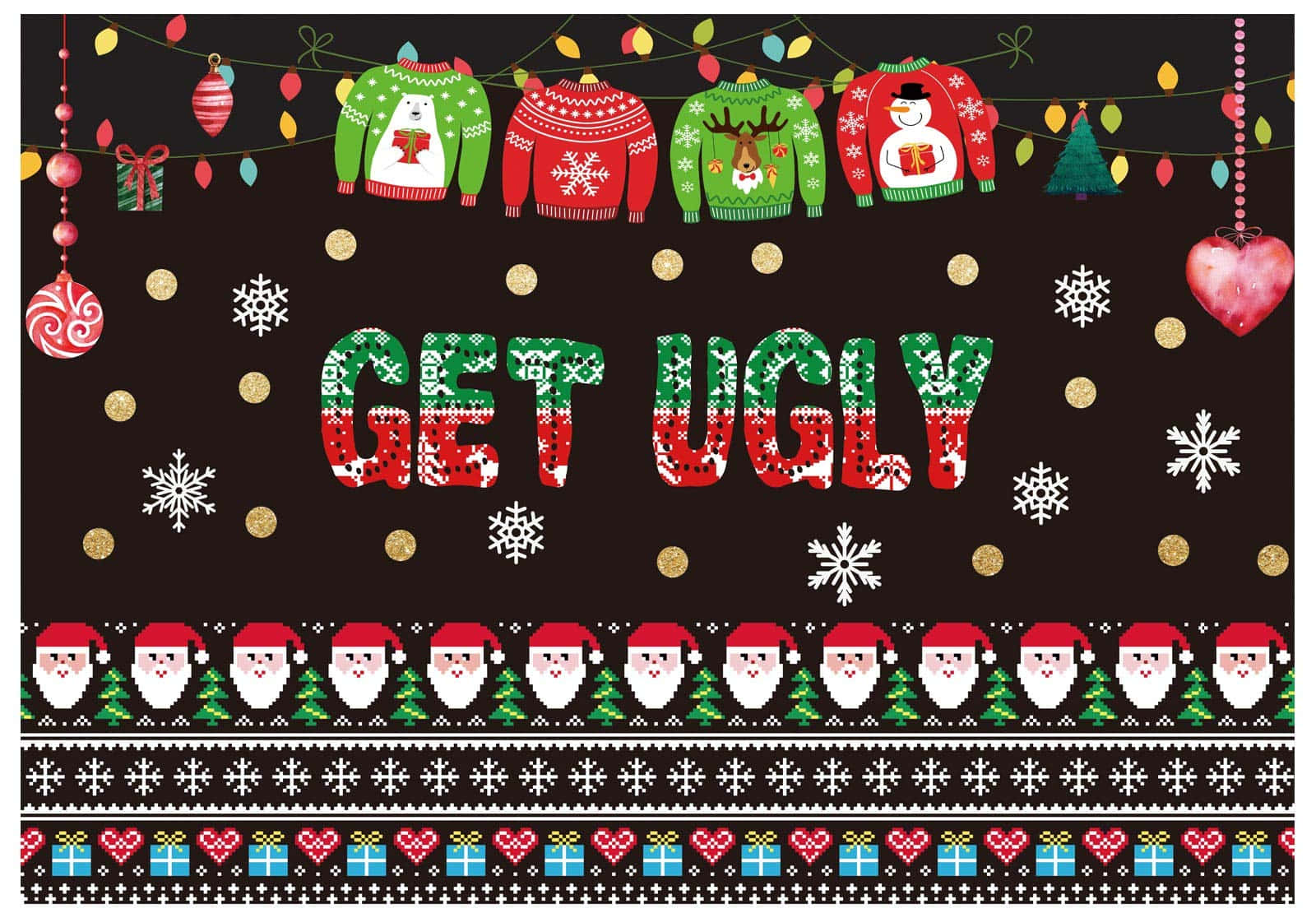 Ugly Sweater 桌布 壁紙 — 節日毛衣主題桌布，帶有「GET UGLY」文字和聖誕裝飾，背景為深色。