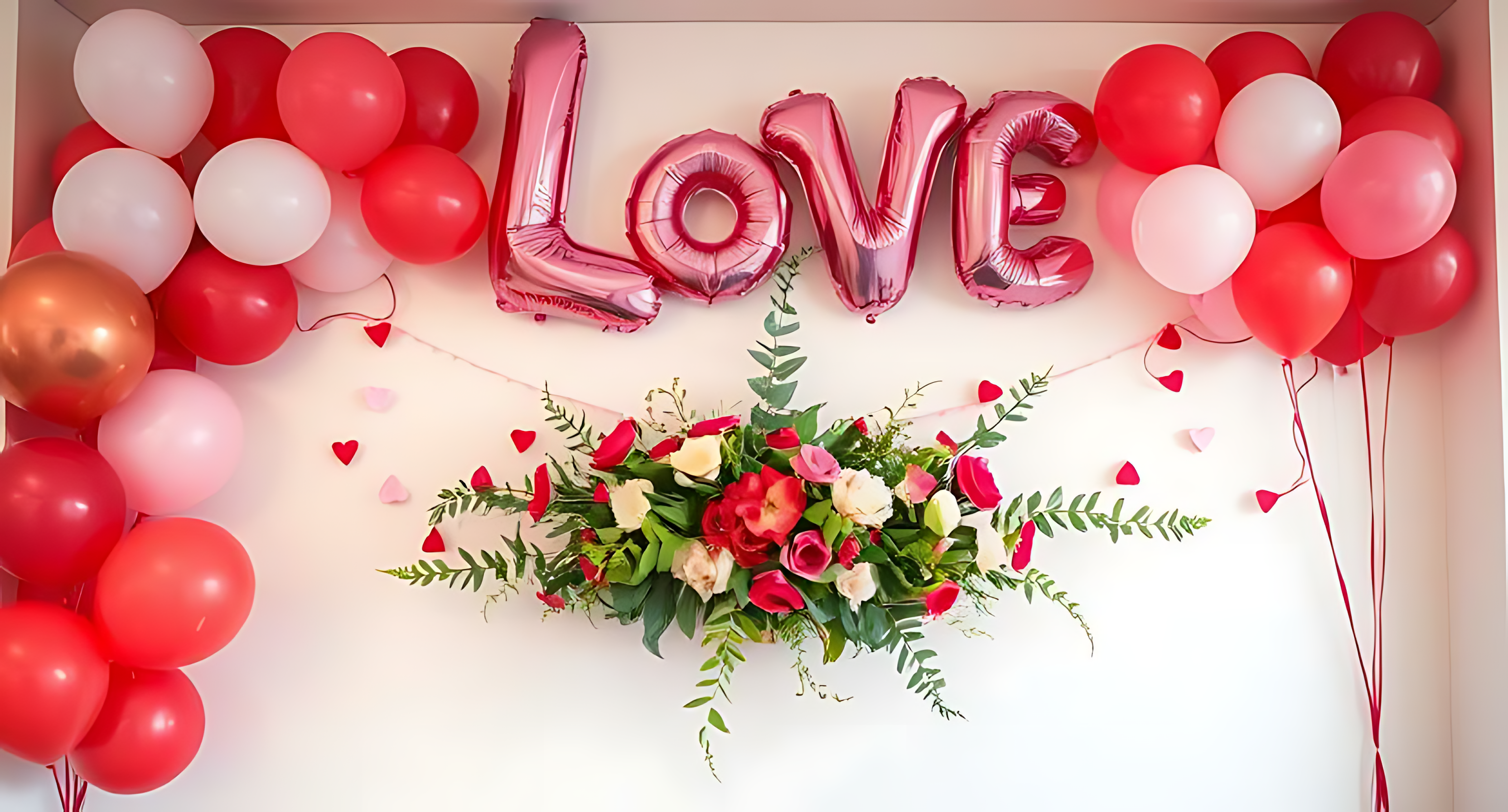 Balloons 桌布 壁紙 — 節日牆飾，閃亮的粉紅色 LOVE 氣球兩側有紅色、白色和玫瑰金色氣球，下方有茂盛的花藝佈置。