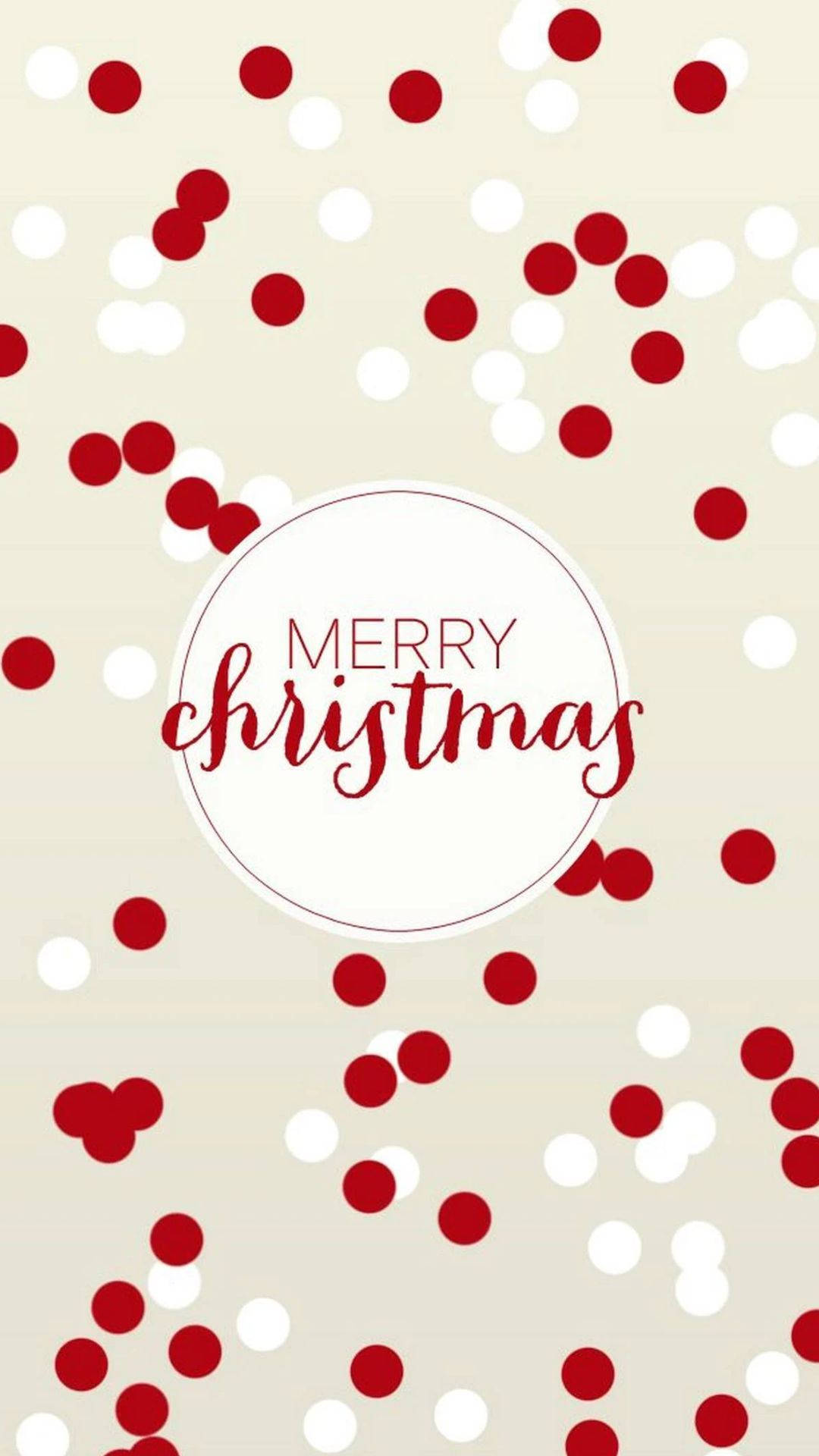 Kawaii Christmas 桌布 壁紙 — 節日米色壁紙，散落紅色和白色圓點，中央圓圈內以優雅紅色字體顯示「聖誕快樂」。