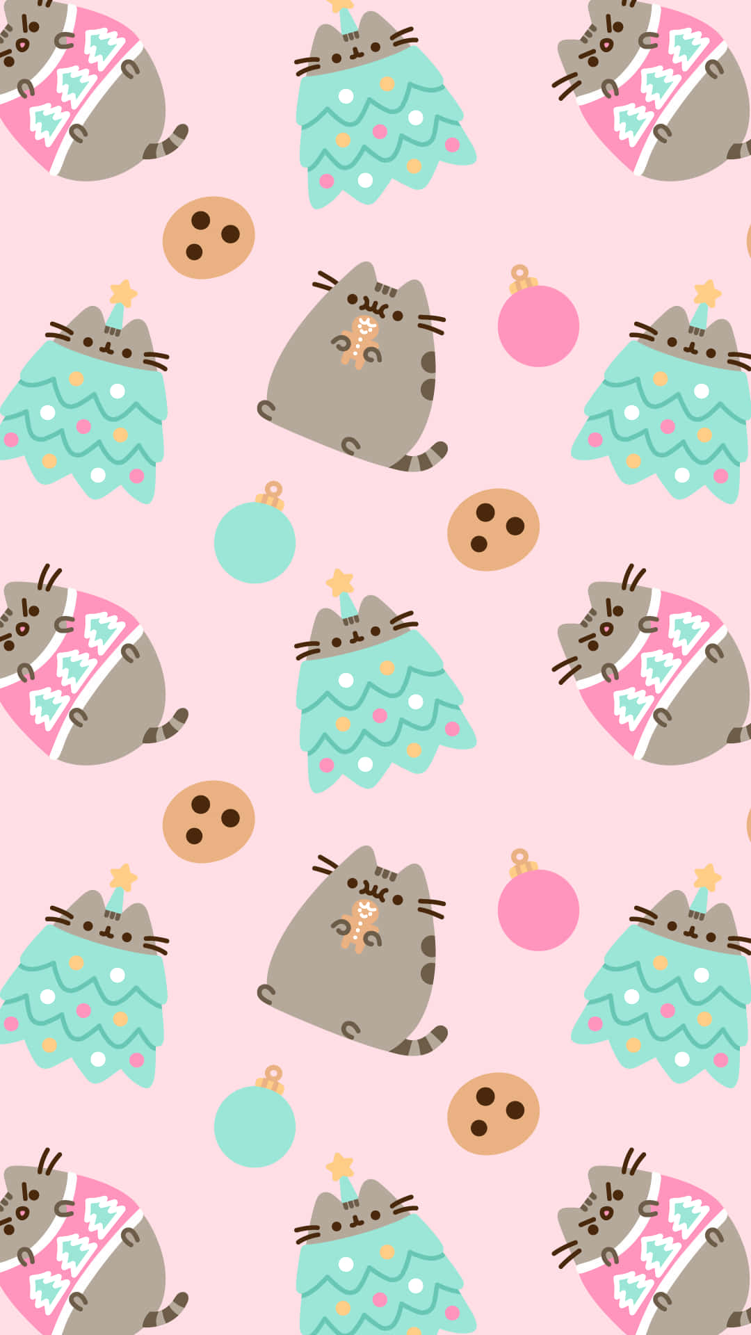 節日粉紅色壁紙，卡通貓咪打扮成聖誕樹和餅乾。 — Pusheen 動圖 壁紙