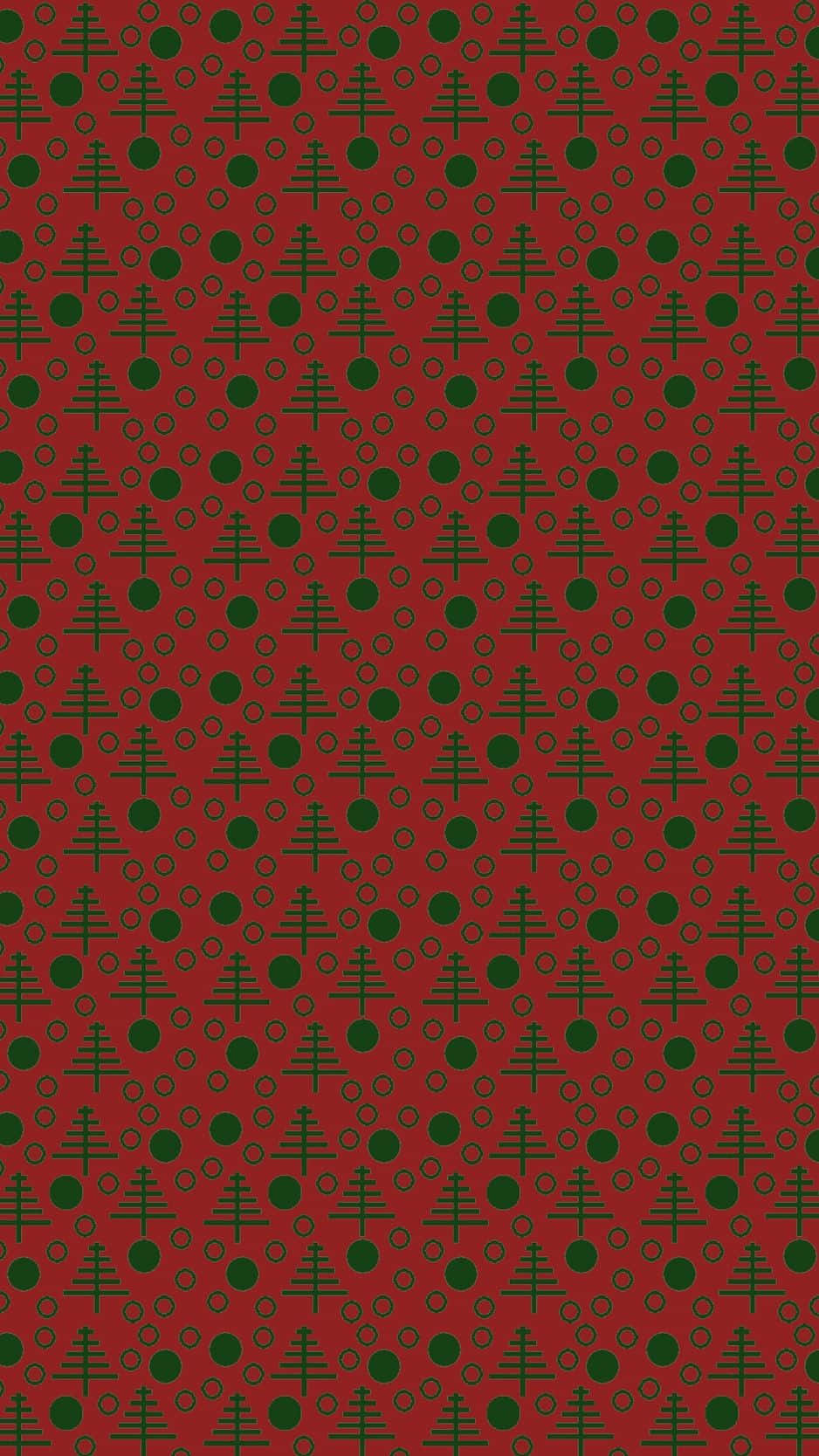 Minimalist Pattern 桌布 壁紙 — 節日紅色壁紙圖案，以重複的綠色聖誕樹和圓形組成幾何設計。