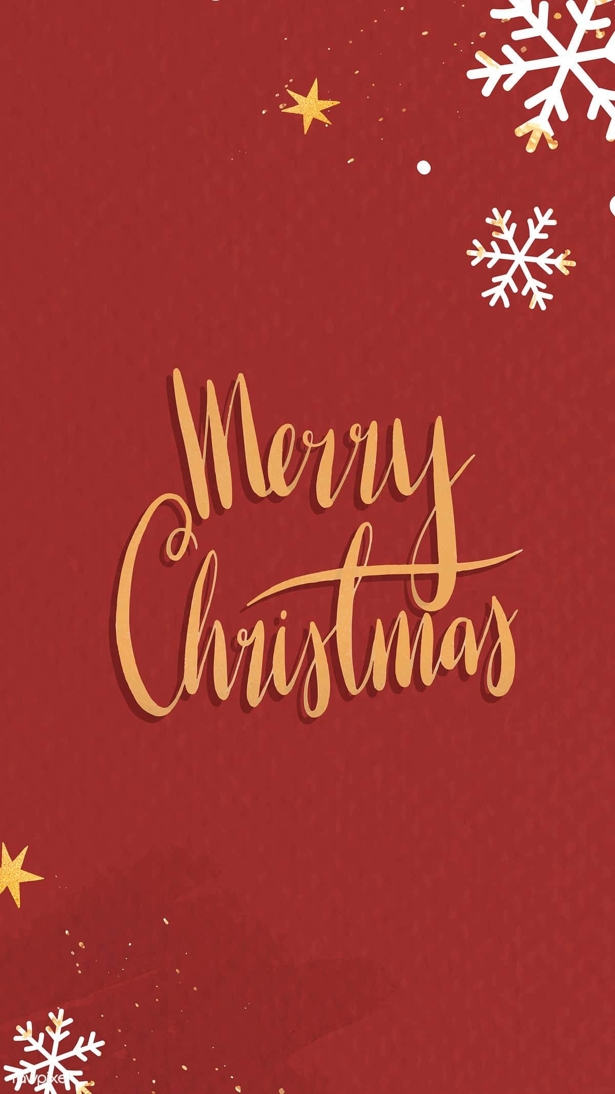 美學 桌布 壁紙 — 節日紅色桌布，帶有金色草書 Merry Christmas 文字、白色雪花和金色星星。