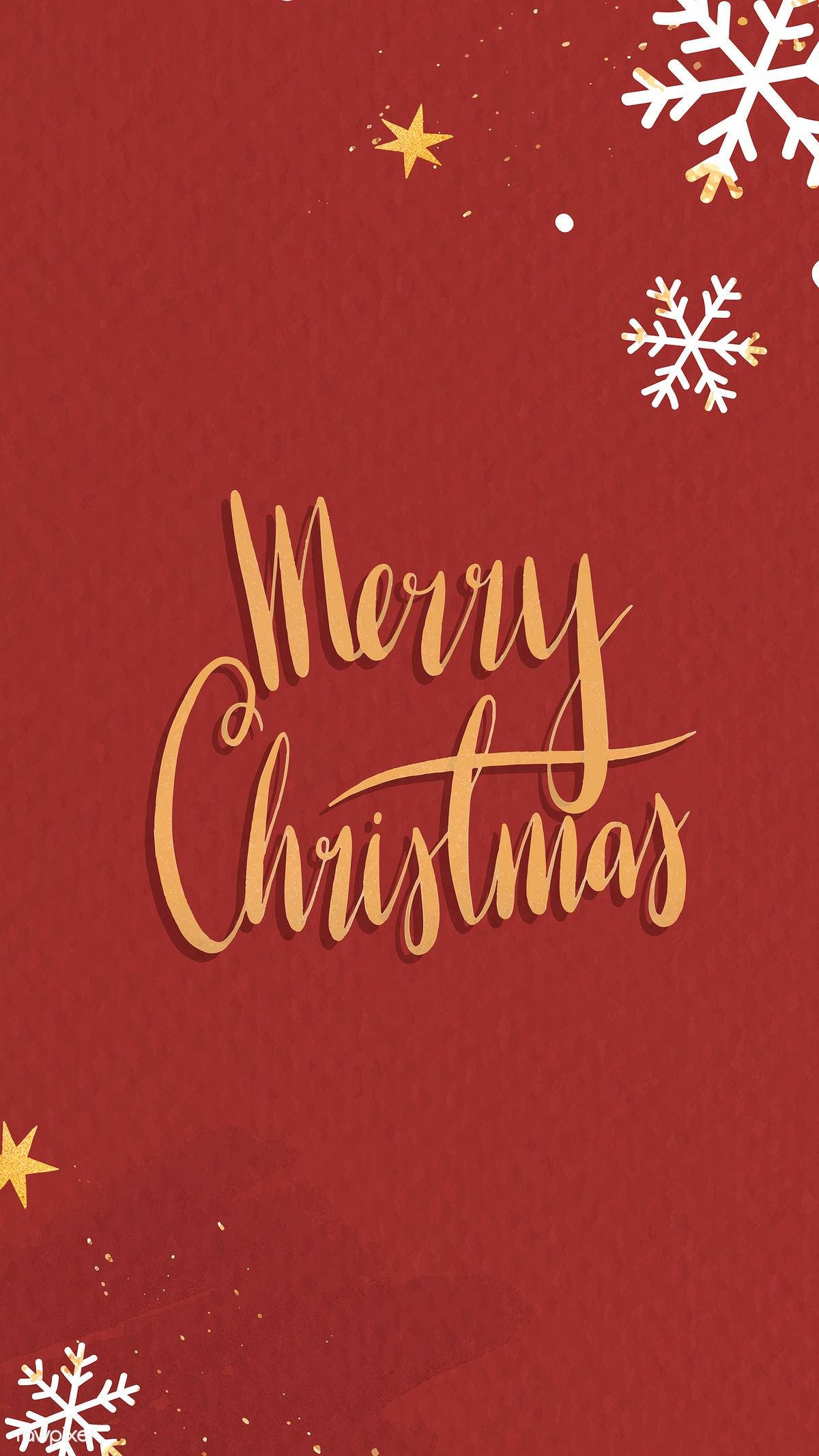 聖誕節手機 桌布 壁紙 — 節日紅色桌布，帶有金色草書Merry Christmas文字、白色雪花和金色星星。