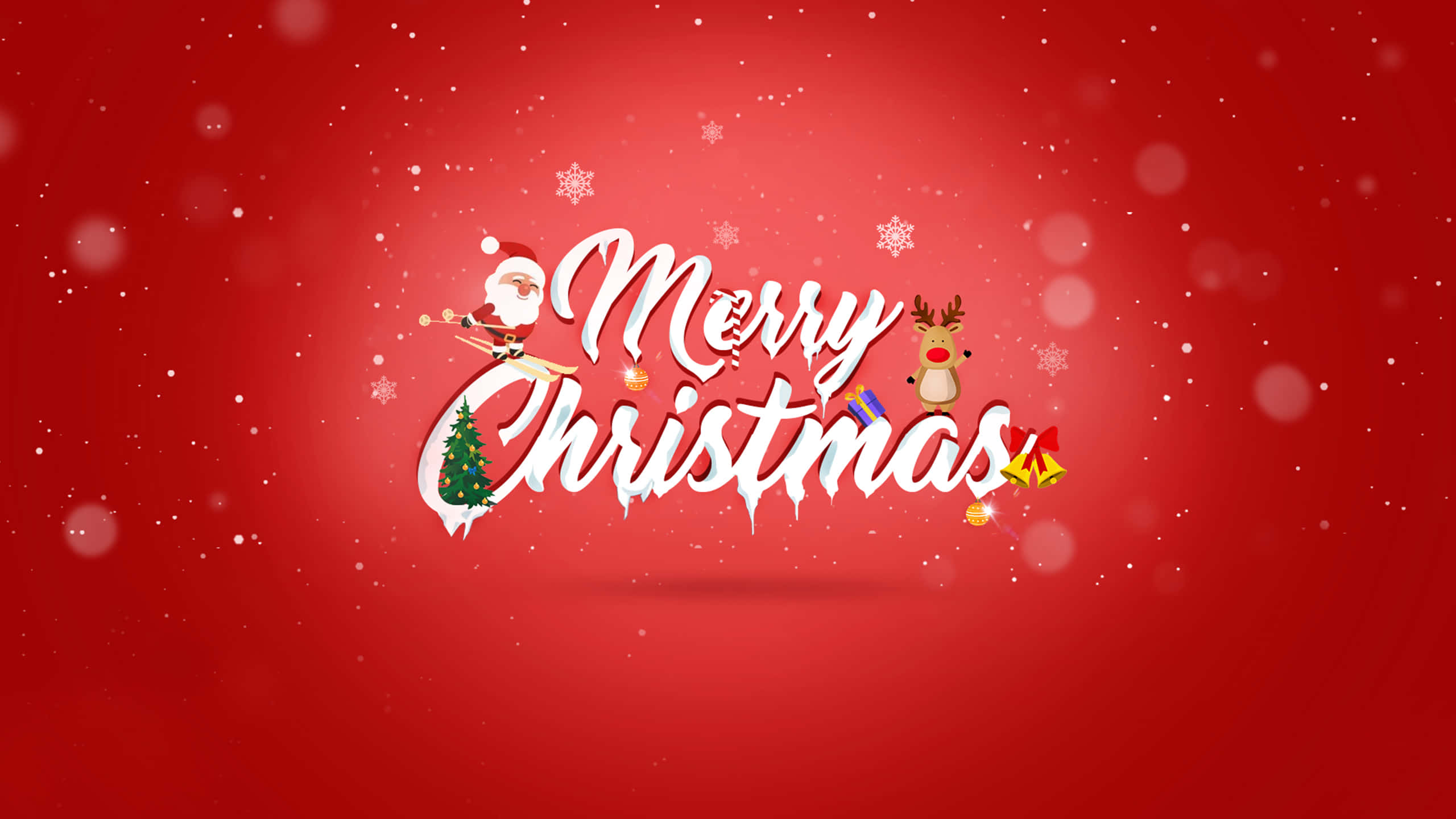 聖誕快樂 桌布 壁紙 — 節日紅色背景，帶有白色草書 'Merry Christmas' 文字，裝飾有聖誕老人馴鹿、樹、鈴鐺和雪花。