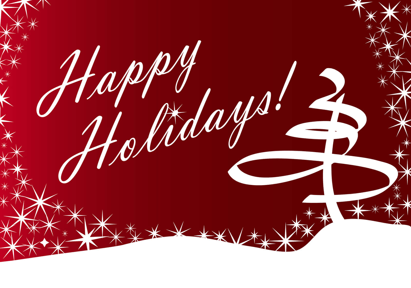 Happy Holidays 桌布 壁紙 — 節日紅色背景，白色草書「節日快樂！」和一個風格化的樹，周圍環繞著閃爍的星星。