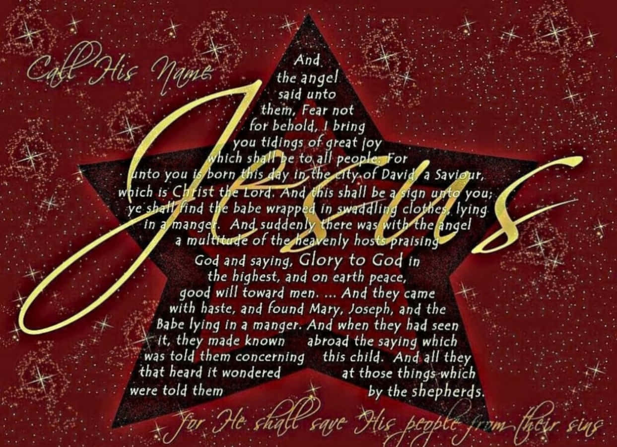 Christmas Star 桌布 壁紙 — 節日紅色背景，閃爍星星，以及一個包含金色草書耶穌誕生經文的大黑星。