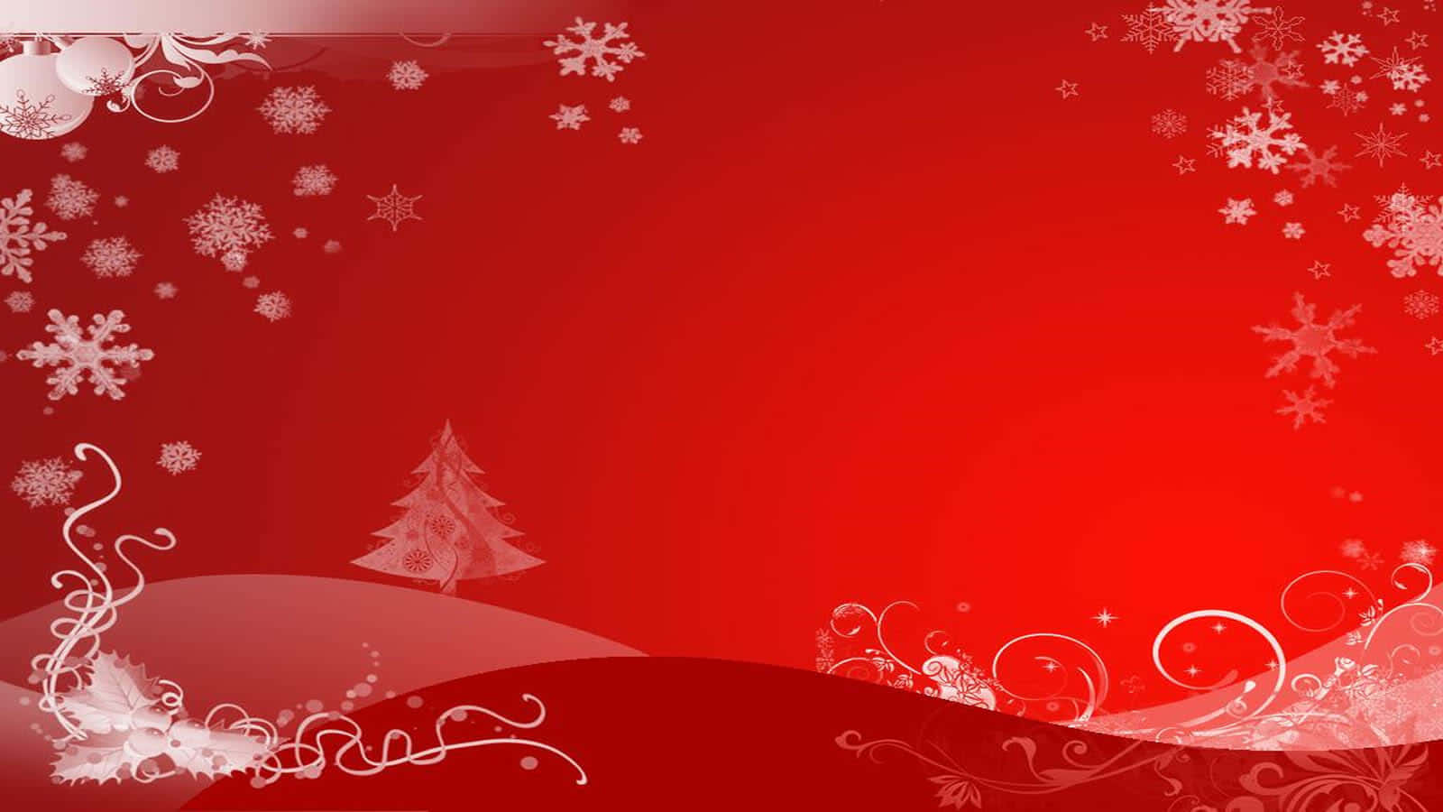Red Aesthetic Christmas 桌布 壁紙 — 節日紅色背景，飾有白色雪花漩渦和單棵聖誕樹剪影。