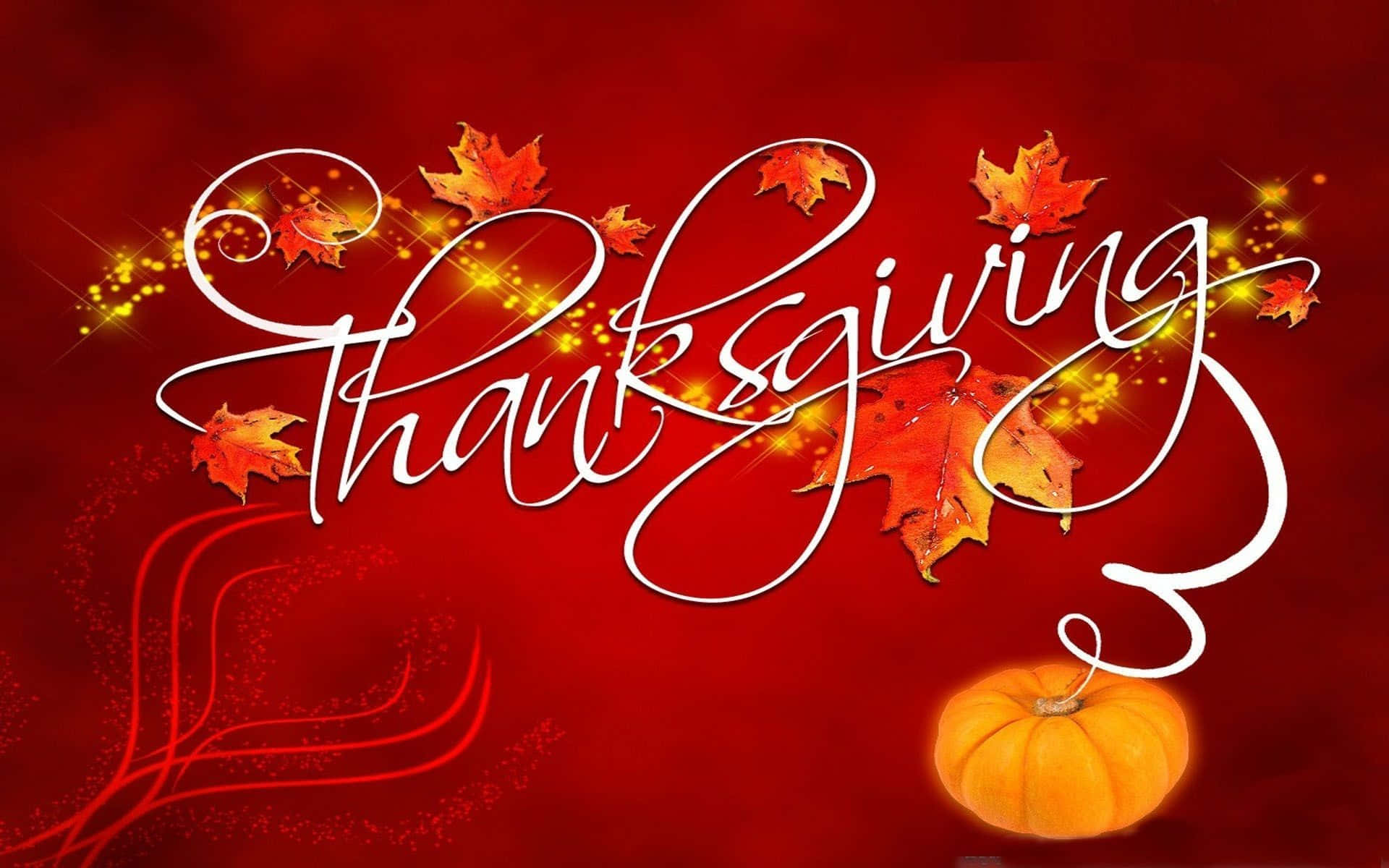 Happy Thanksgiving 桌布 壁紙 — 節日紅色背景上，優雅的白色草書文字寫著感恩節，飾以發光的秋葉和一個小南瓜。