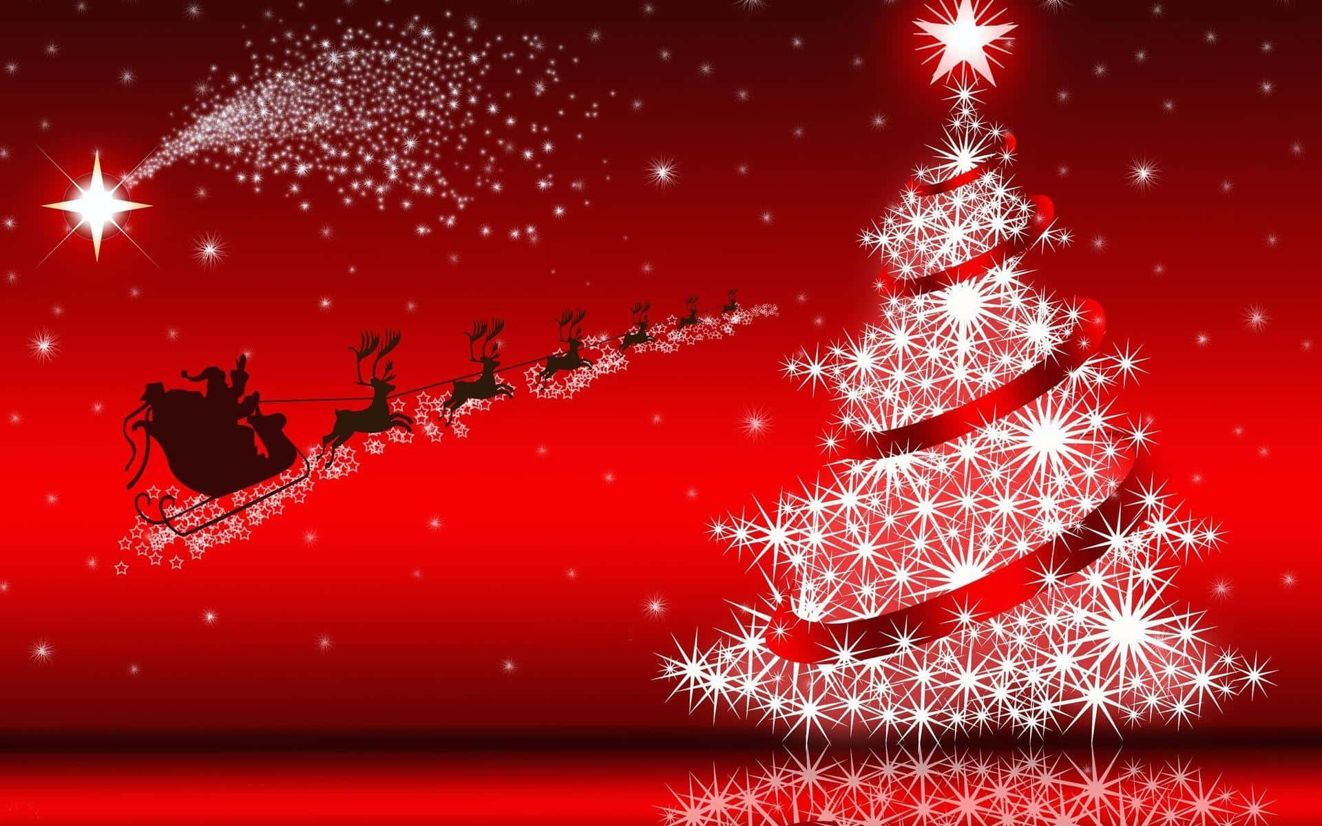 Christmas Card 桌布 壁紙 — 節日紅色背景上有一個發光的白色星形聖誕樹，以及聖誕老人的雪橇帶著馴鹿在天空中飛翔。