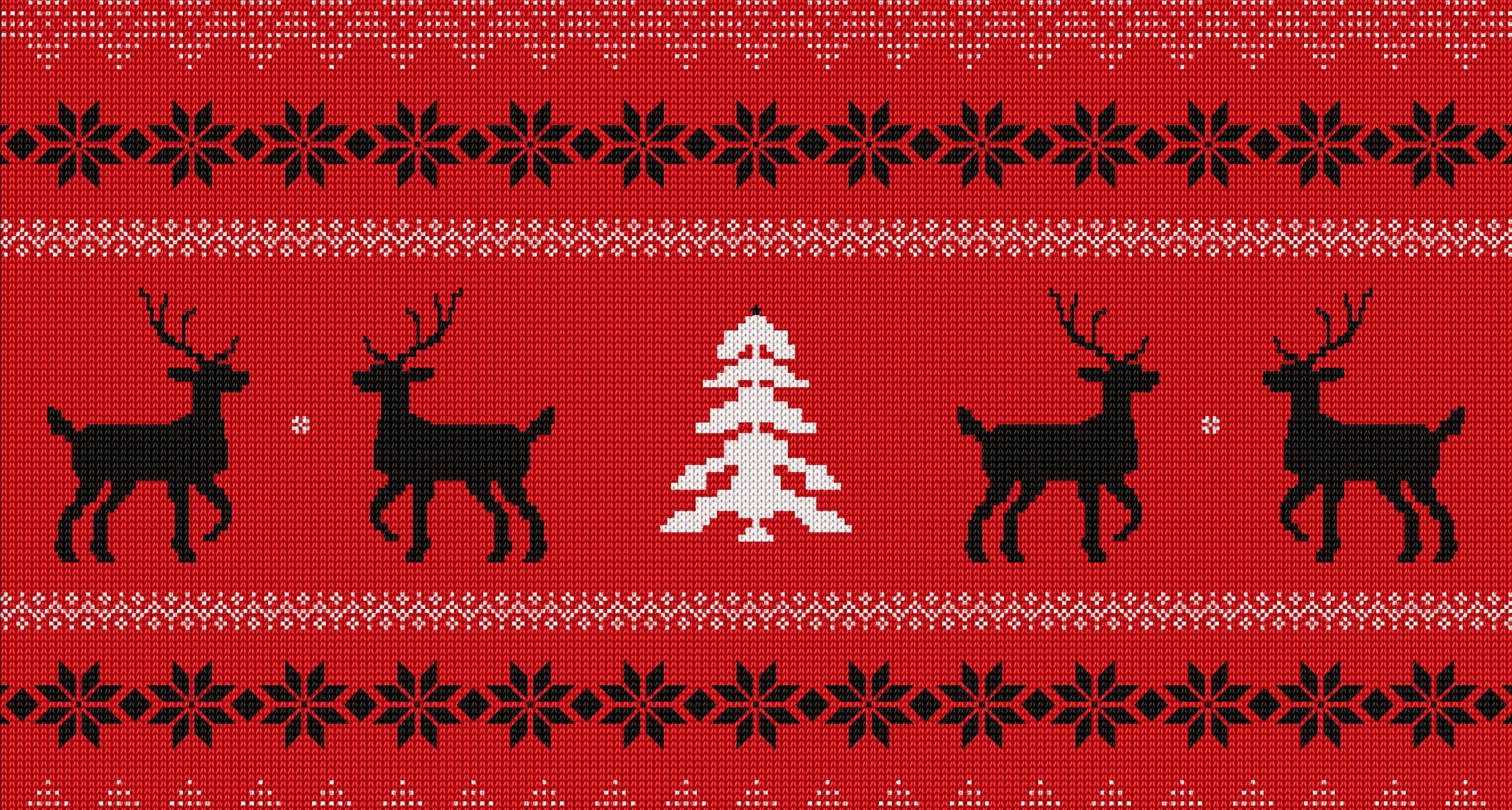 Christmas Pattern 桌布 壁紙 — 節日紅色針織毛衣圖案，帶有黑色馴鹿和白色聖誕樹，並以雪花邊框框起。
