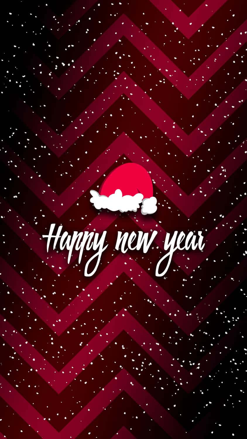 節日 桌布 壁紙 — 節日紅黑V形圖案壁紙，有飄落的雪花和聖誕帽，上方有草書「新年快樂」文字。