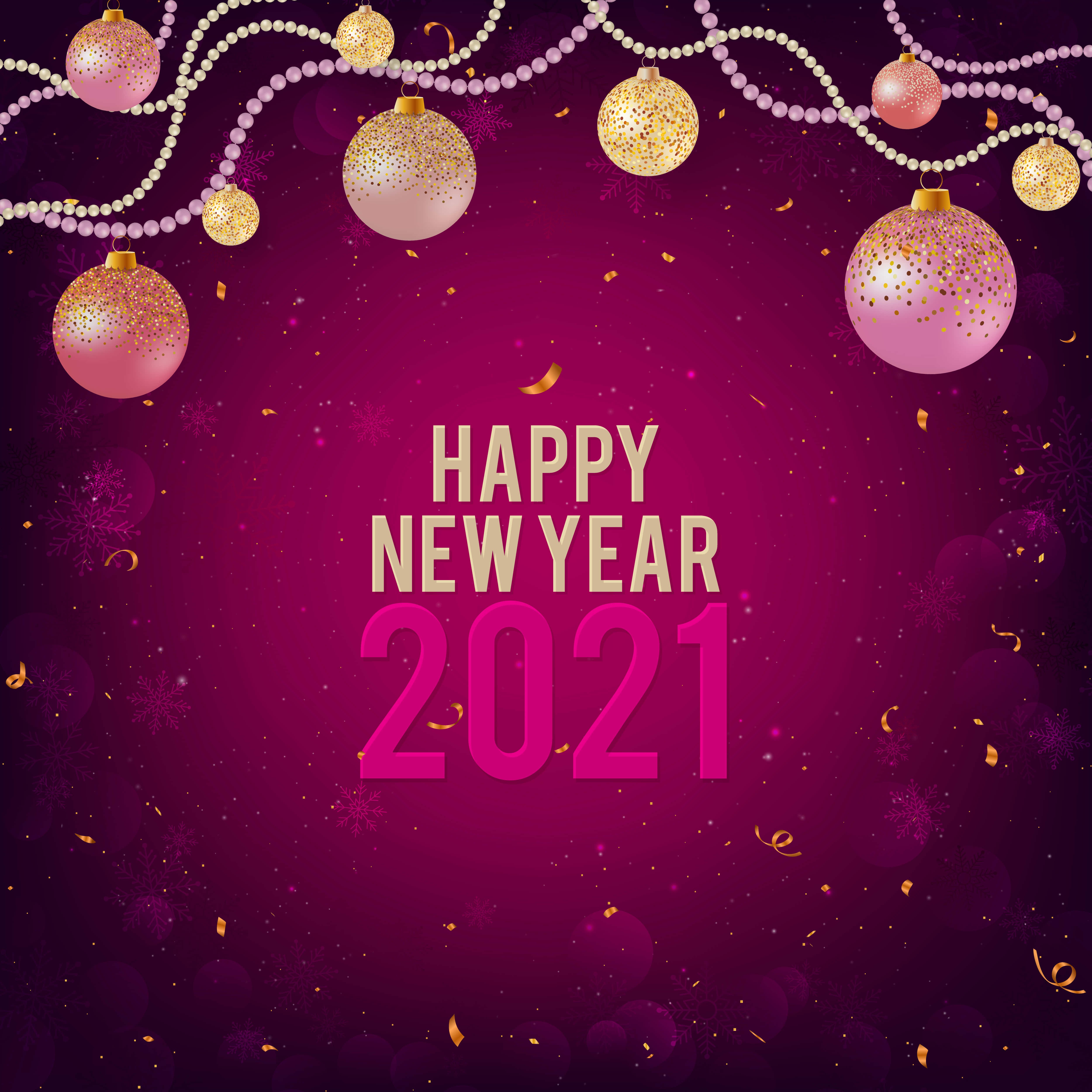 2021 Happy New Year 桌布 壁紙 — 節日紫色背景，飾有閃閃發光的粉紅色和金色裝飾品和五彩紙屑，慶祝2021年新年。