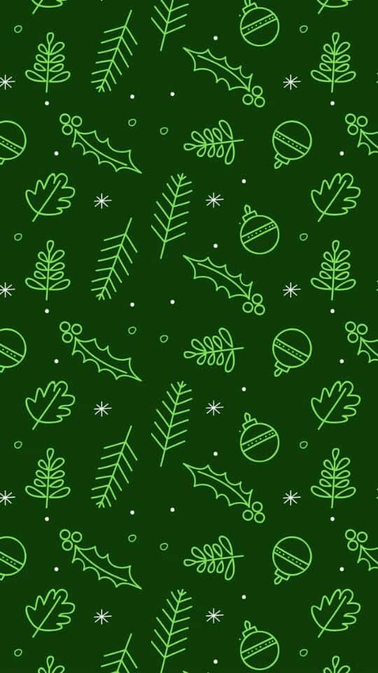 Dark Green Christmas 桌布 壁紙 — 節日綠色壁紙，在深森林綠色背景上，帶有發光青檸色的冬青葉、松針和裝飾品的輪廓。