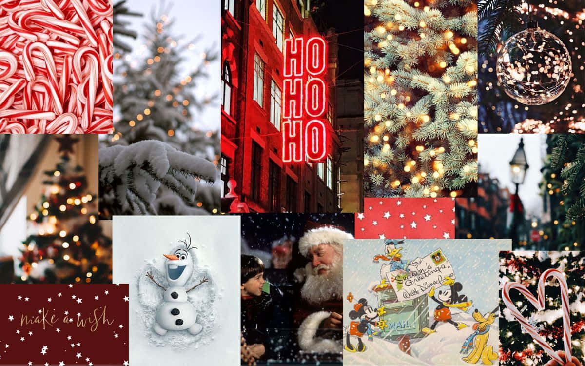 Christmas Mac Aesthetic 桌布 壁紙 — 節日聖誕圖像拼貼，包括拐杖糖、雪花、聖誕老人、Olaf 和閃爍的聖誕樹燈。