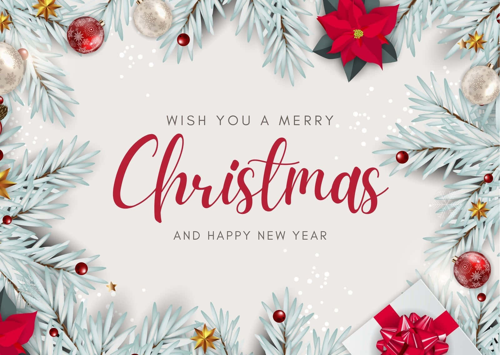 Christmas Card 桌布 壁紙 — 節日聖誕祝福，以結霜的松樹枝、紅色聖誕紅和裝飾品搭配紅色蝴蝶結禮物框住。
