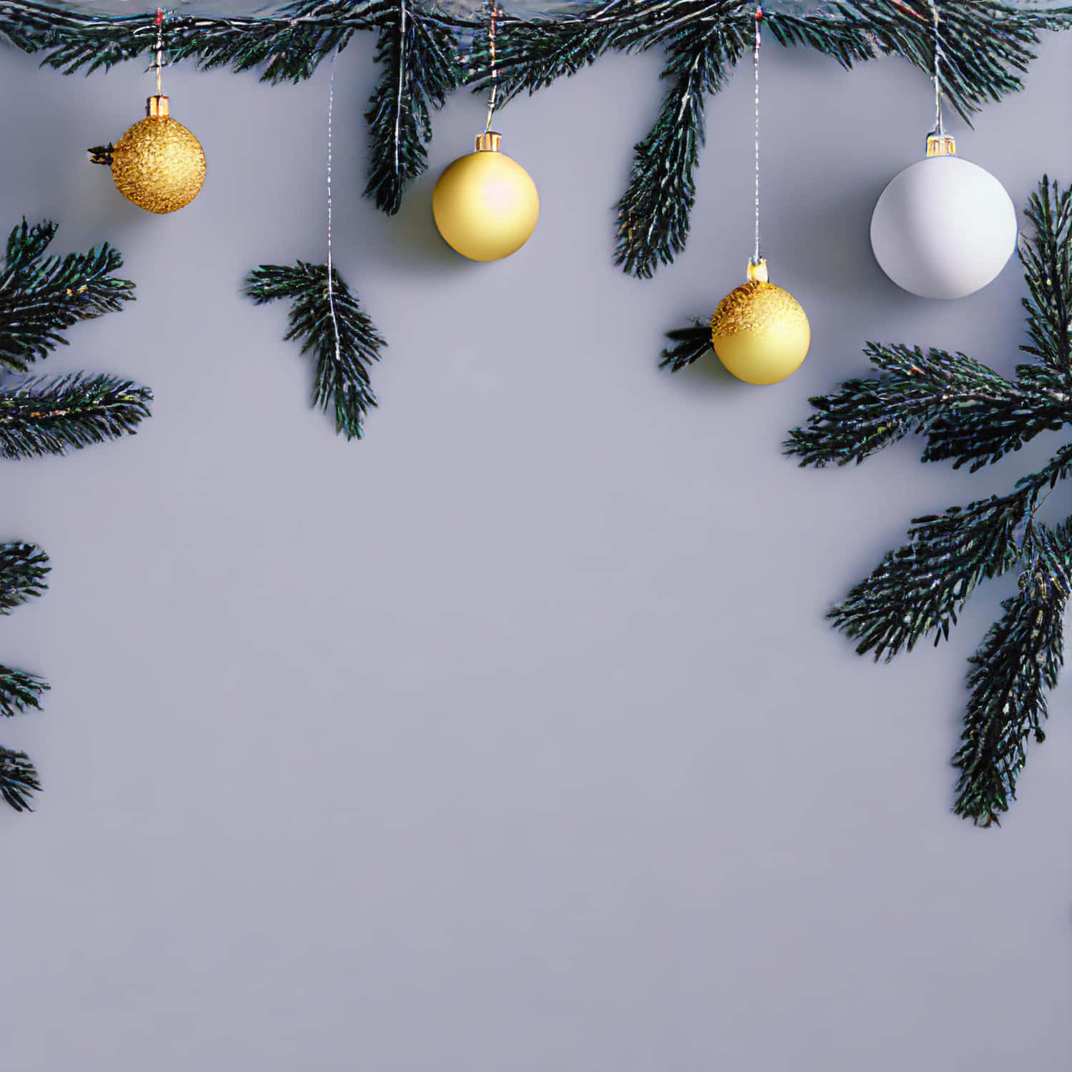 Microsoft Teams Christmas 桌布 壁紙 — 節日聖誕裝飾和松樹枝在柔和的灰色背景上框住頂角。