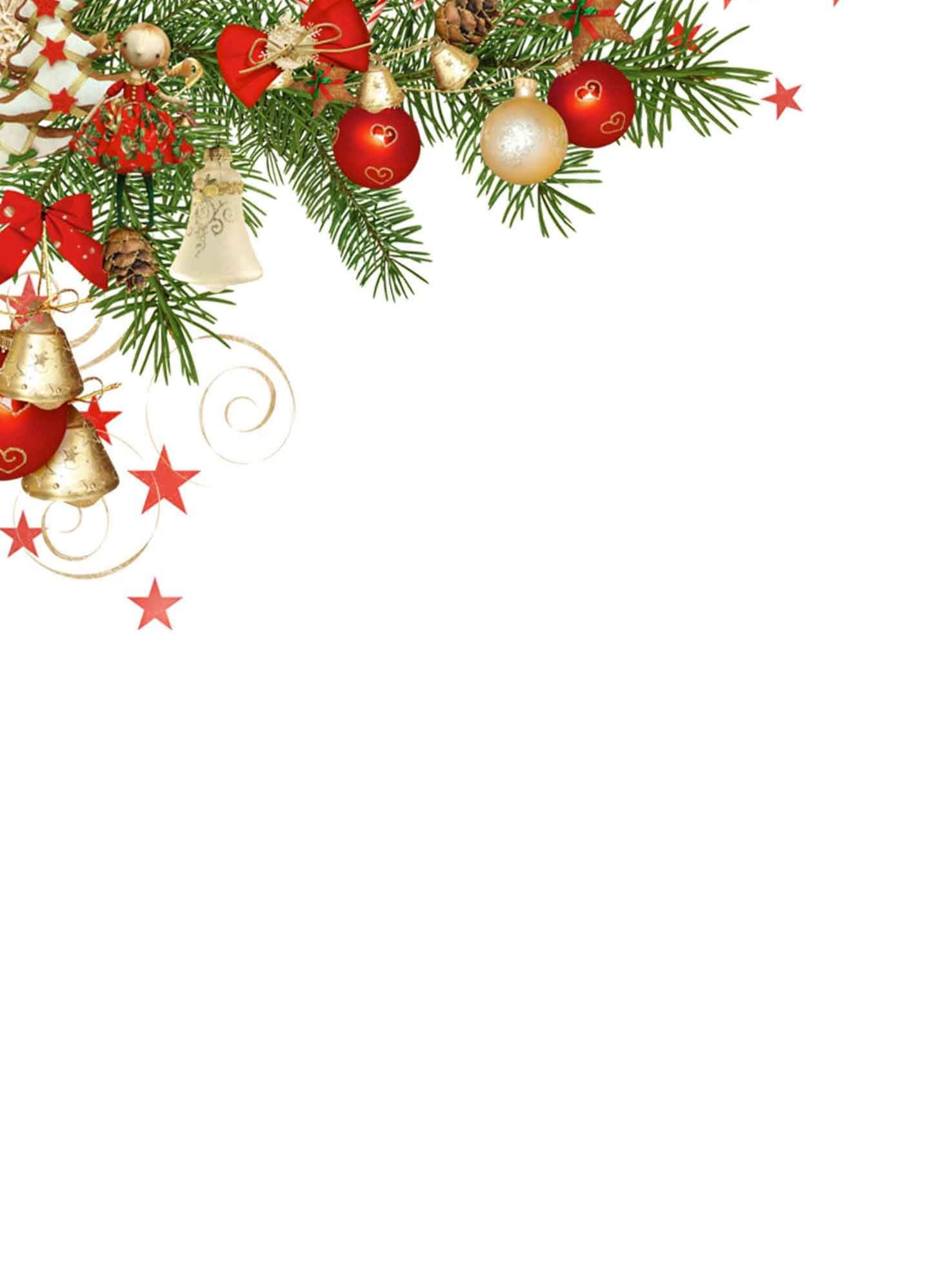 Christmas Invitation 桌布 壁紙 — 節日聖誕角落，有松樹枝、紅色裝飾品、金色鈴鐺和星星，背景為白色。