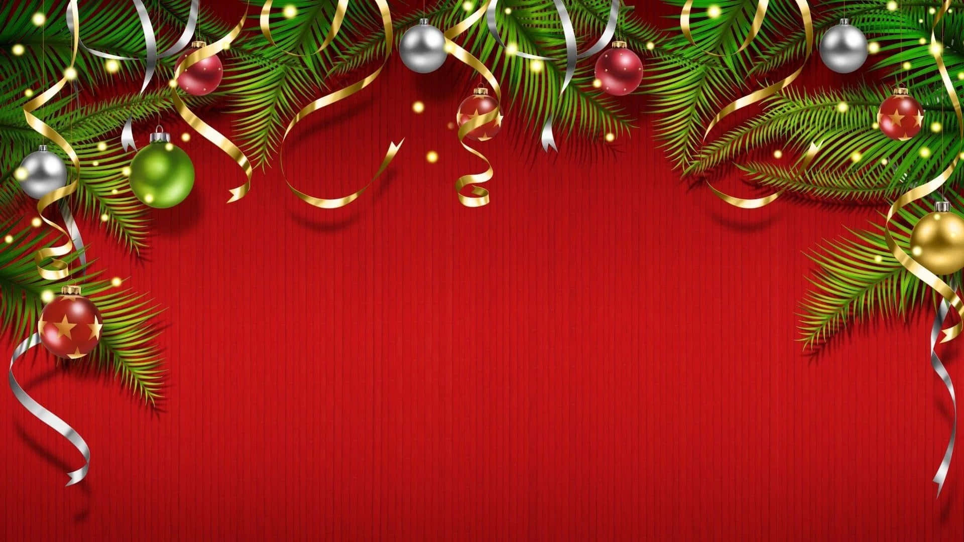 Christmas Virtual 桌布 壁紙 — 節日聖誕邊框，飾有松樹枝、金色和銀色絲帶及裝飾品，背景為帶紋理的紅色。