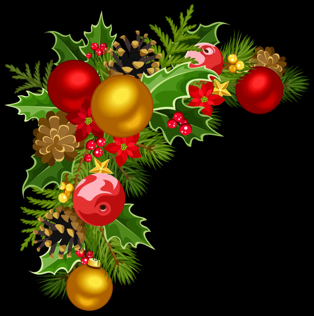 Decorations 桌布 壁紙 — 節日花環角落，配有紅色聖誕紅、金色松果和閃亮的紅色金色裝飾，背景為黑色。